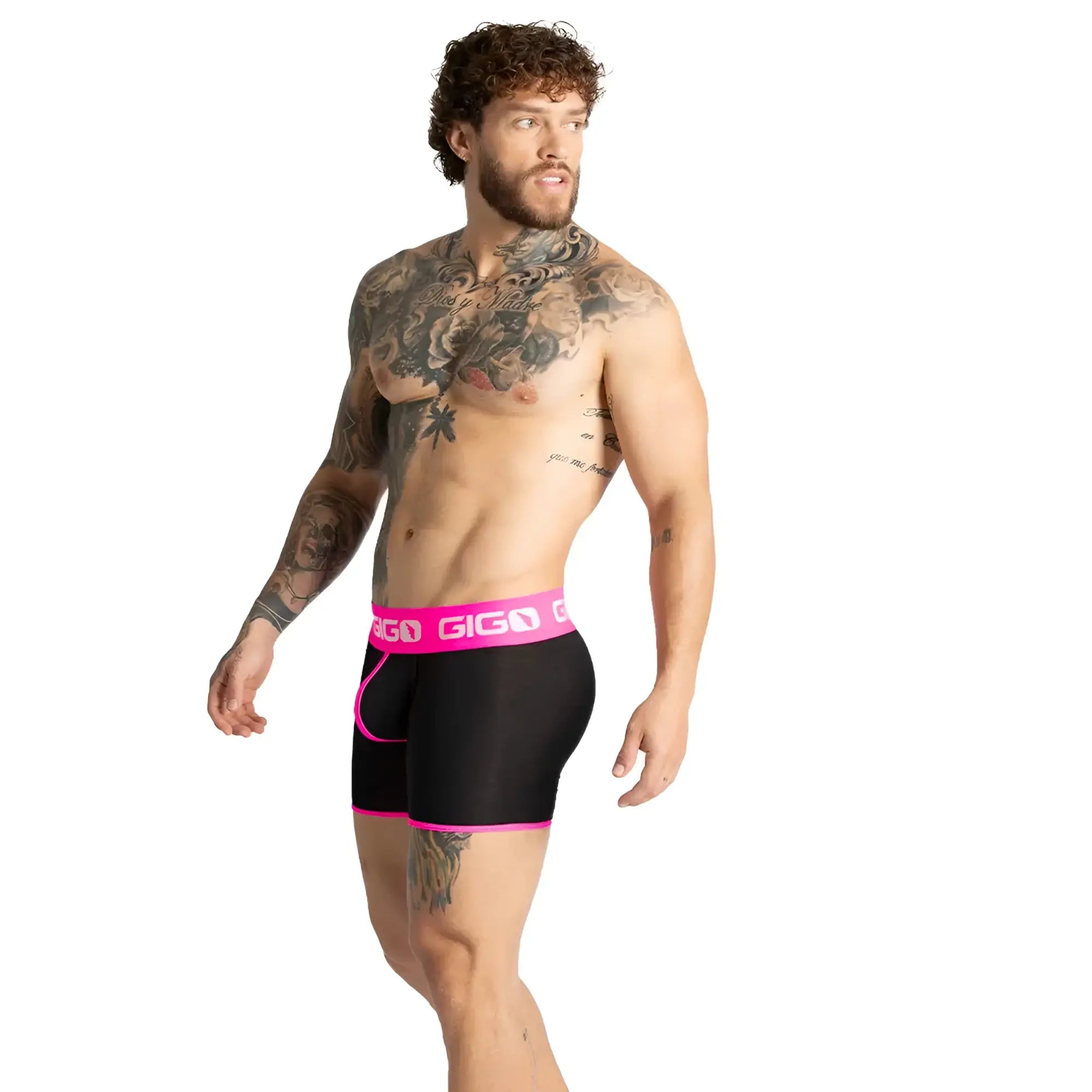 Black gigo men’s boxer briefs with vibrant fuchsia pink trim and waistband for comfortable everyday wear