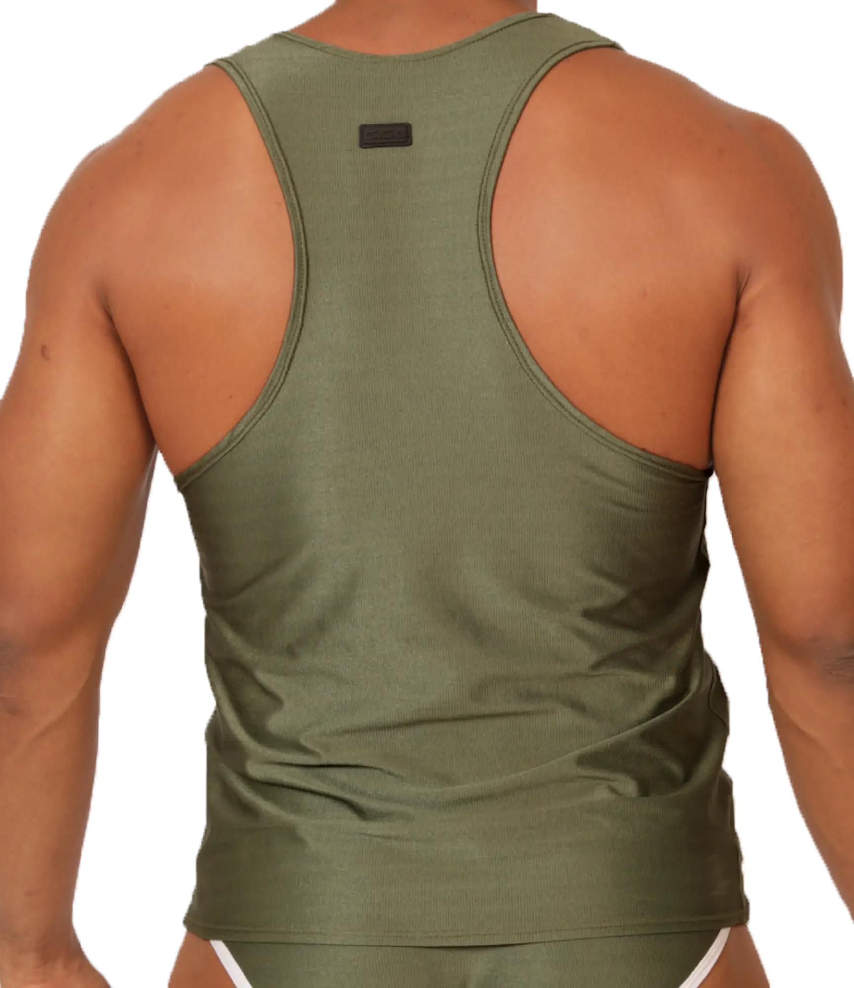 Olive green ribbed racerback tank top gigo mix green tank with small black brand tag on the back