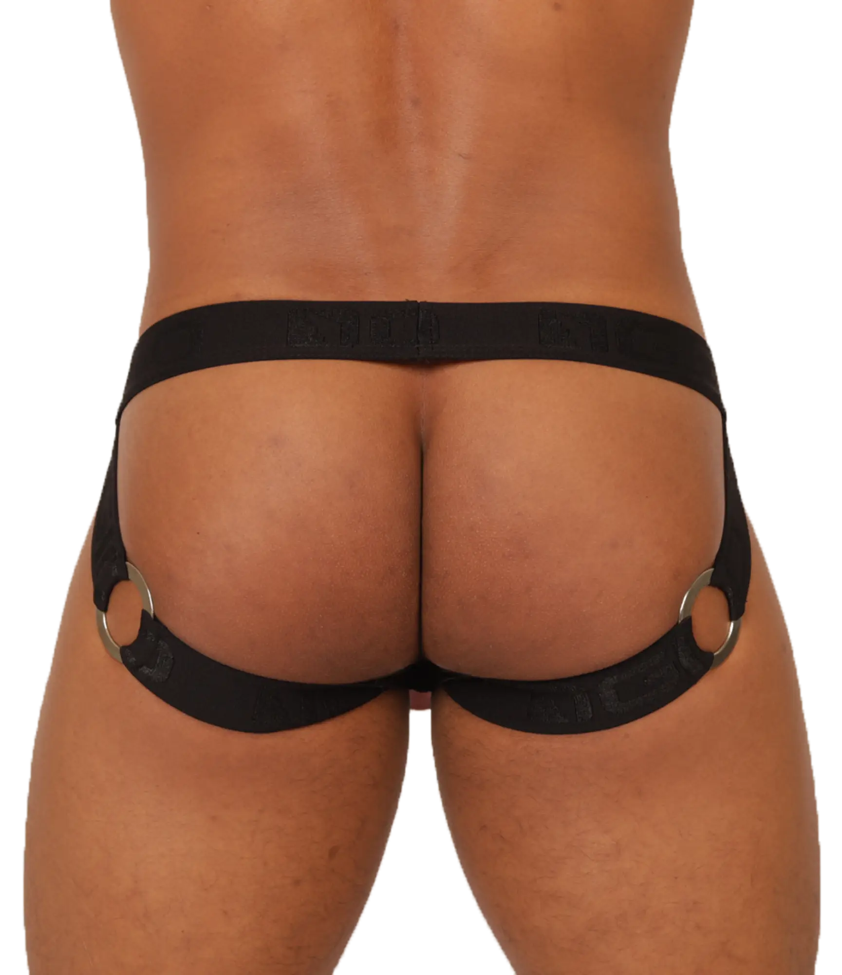 Black leather harness-style briefs with metallic rings at sides from gigo mix wine jockstrap collection