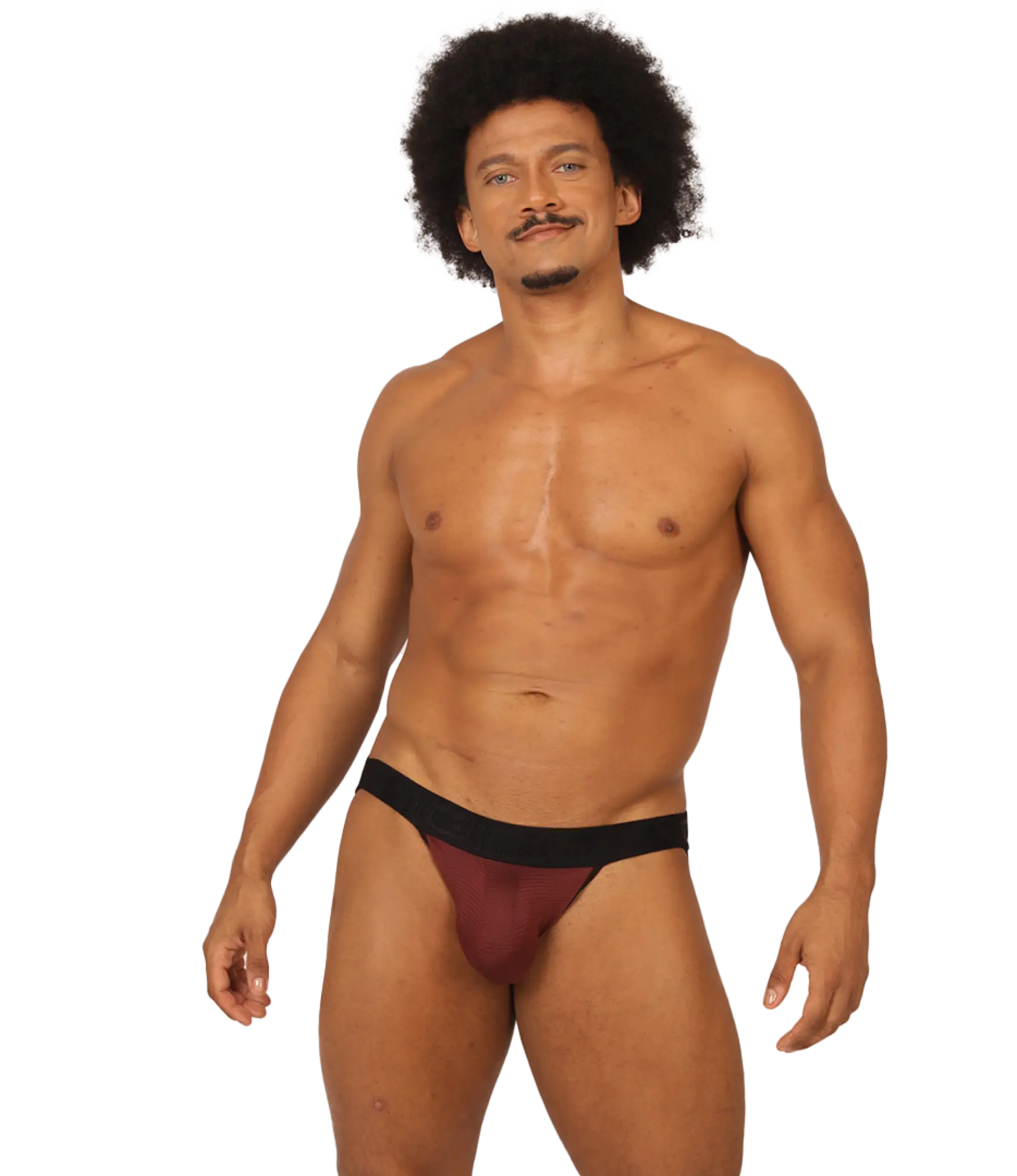 A man wearing a snug fit gigo mix wine jockstrap in maroon and black showing the front side of the product