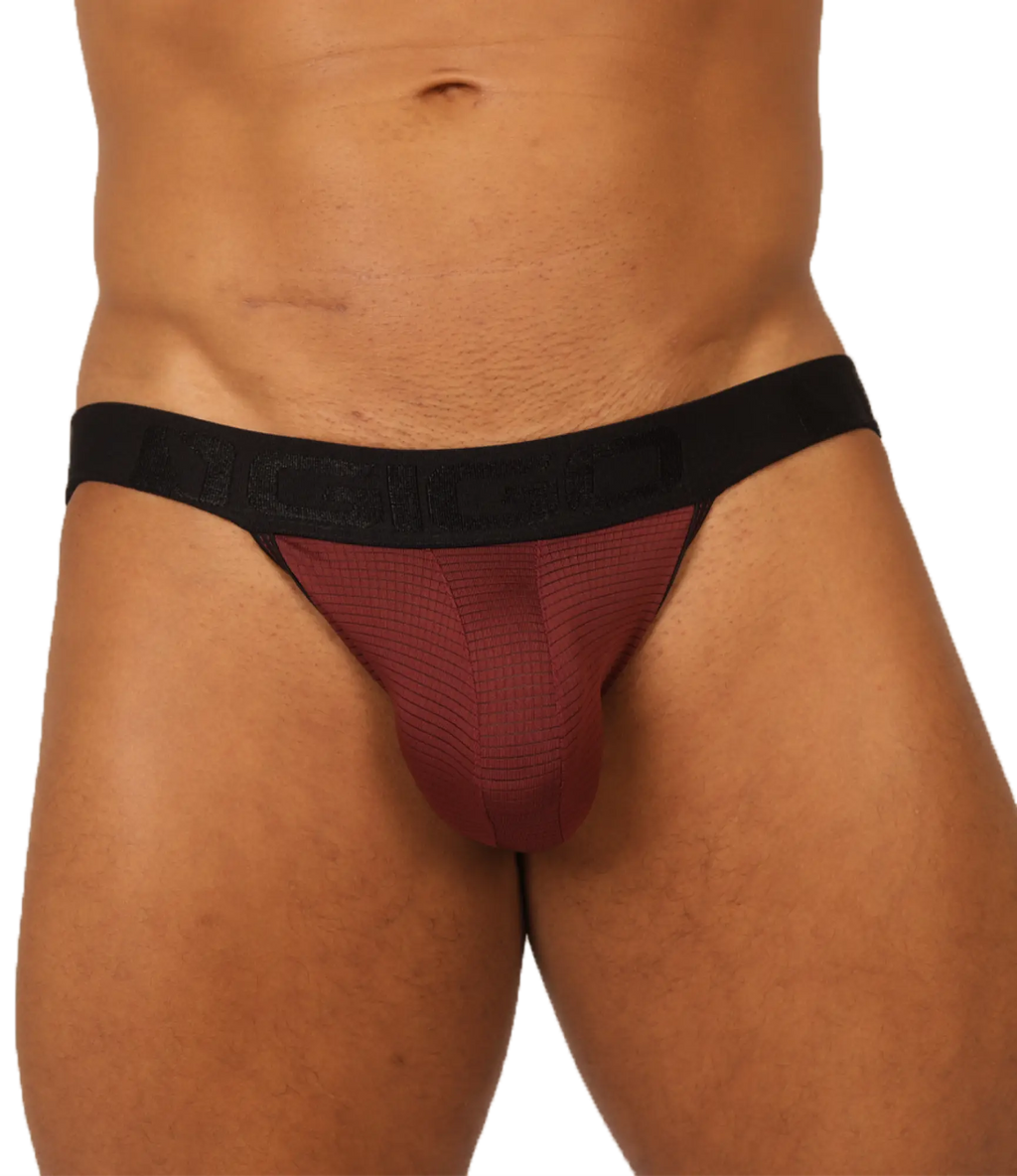 Maroon and black gigo mix wine jockstrap with textured breathable fabric designed for athletic wear