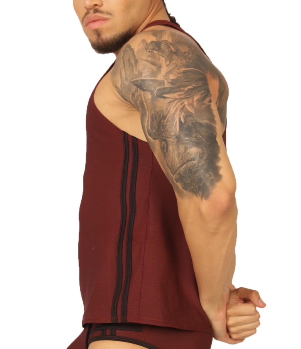 Gigo Mix Wine tank is a maroon cotton tank top with black vertical stripes ideal for casual summer wear