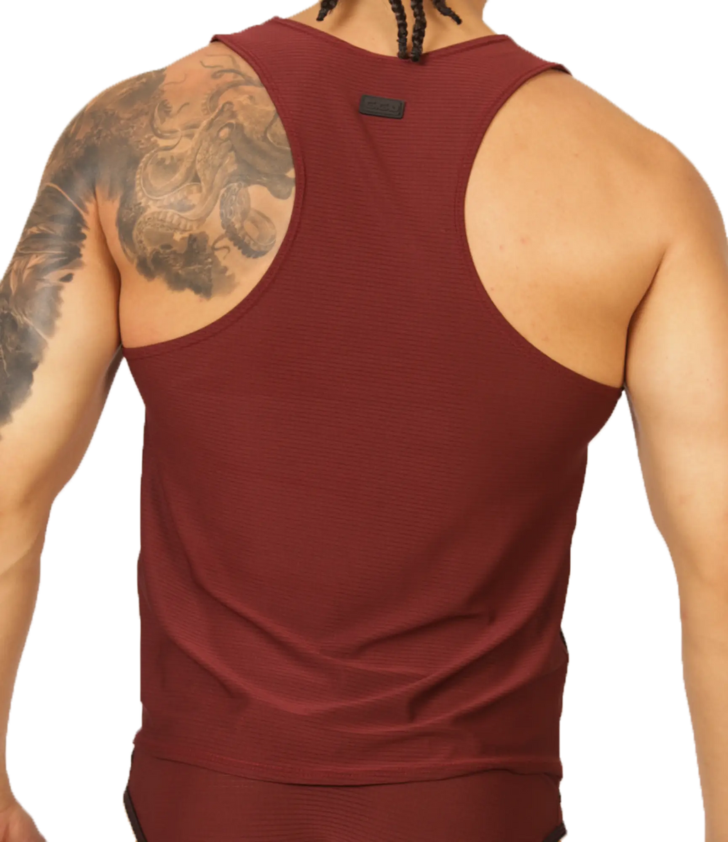 Maroon ribbed tank top with black brand tag at neckline in gigo mix wine tank style made from soft fabric