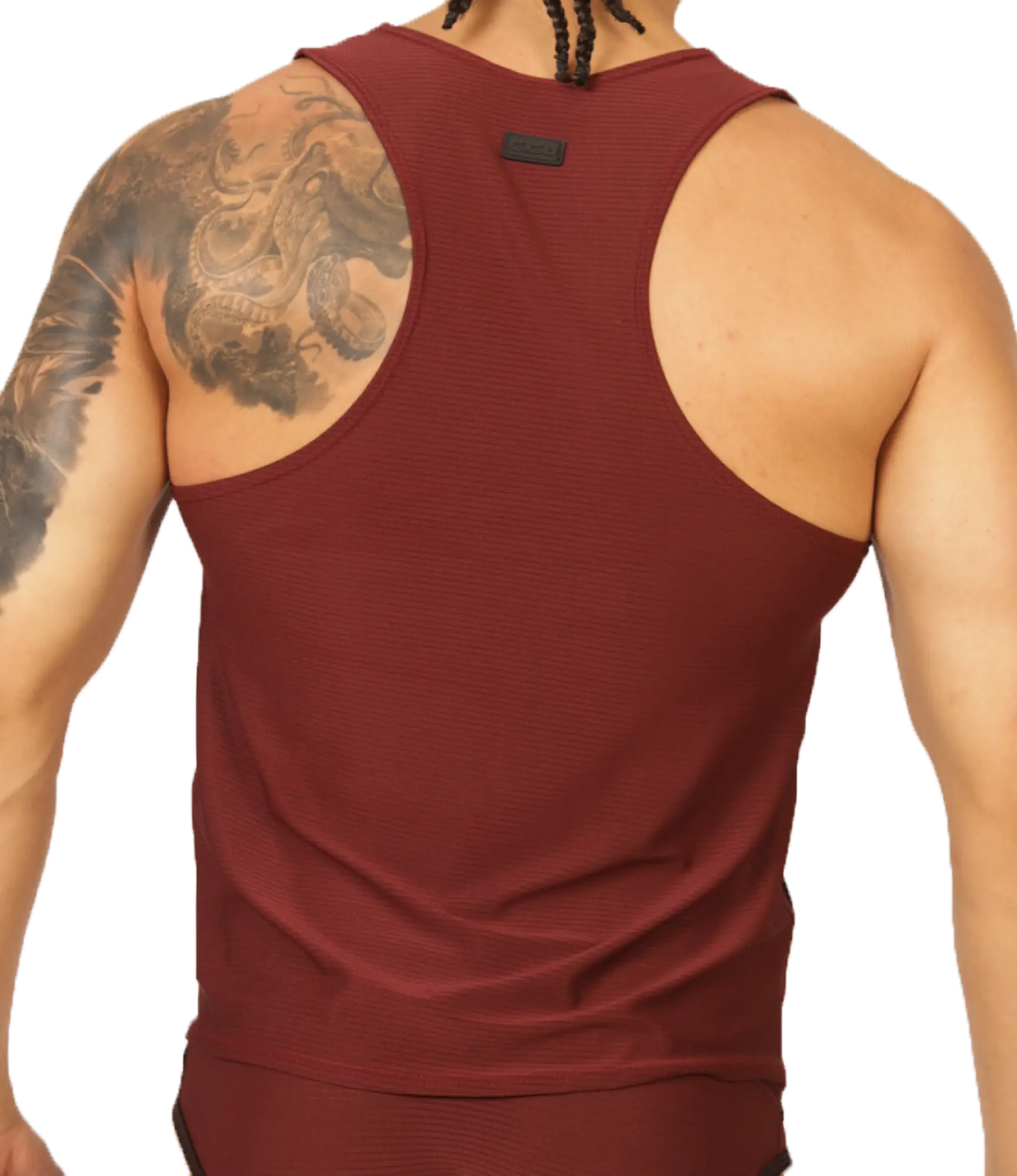 Maroon ribbed tank top with black brand tag at neckline in gigo mix wine tank style made from soft fabric