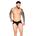 Gigo morocco black brief jockstrap featuring black mesh briefs with a solid waistband branded cicero in white lettering