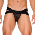 Black mesh briefs with a bold crisscrossing elastic waistband from the gigo morocco black jockstrap collection