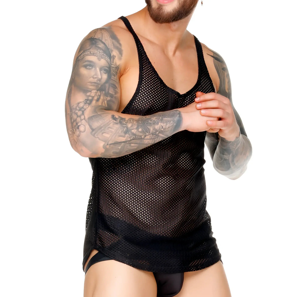 Gigo Morocco black tank featuring a sheer breathable black mesh design with subtle side slits for comfort