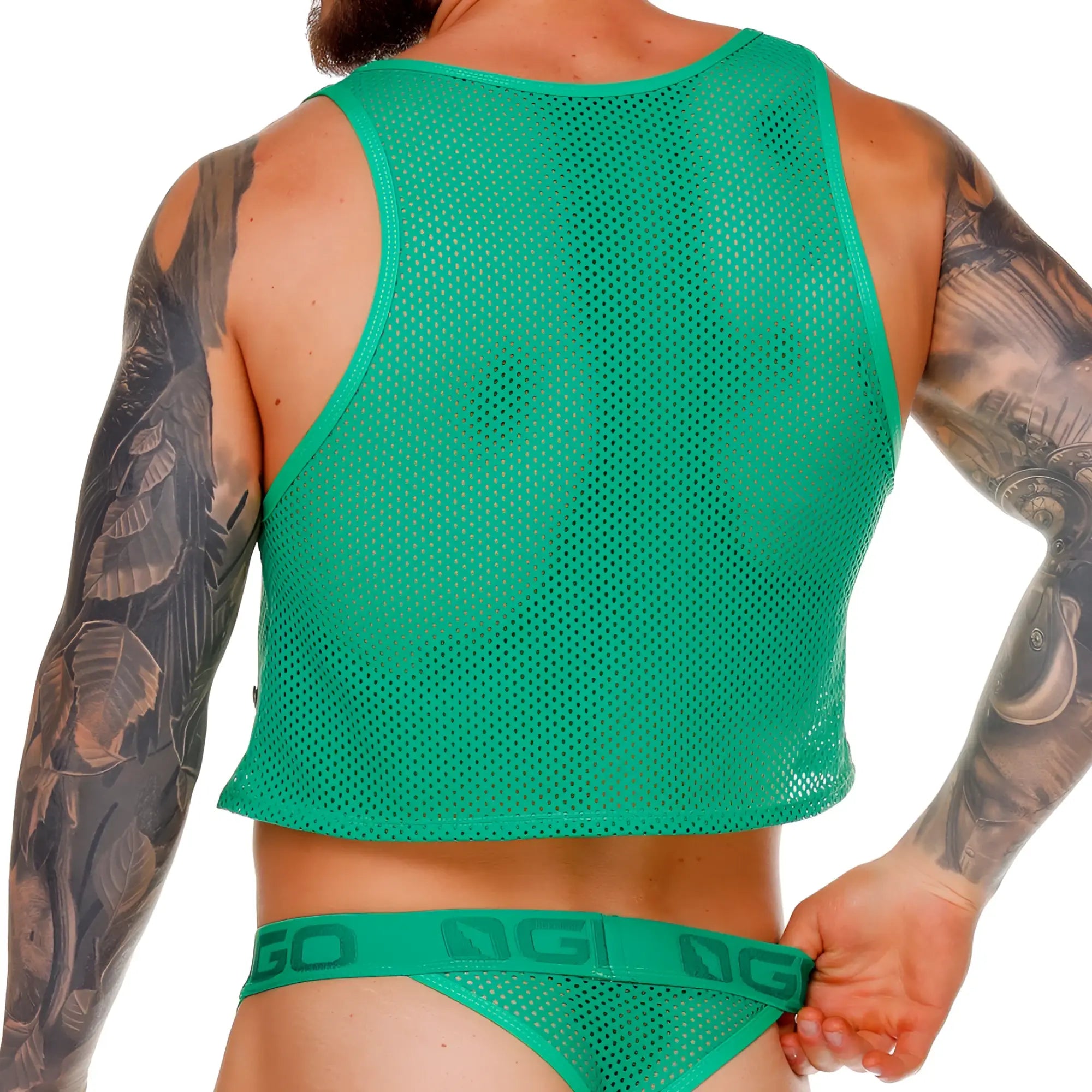 Gigo Morocco green mesh crop top with vibrant color, snug fit, bold shoulder straps, and breathable design