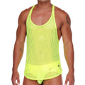 A neon yellow gigo morocco tank top made of mesh with a scoop neckline and slightly flared hem