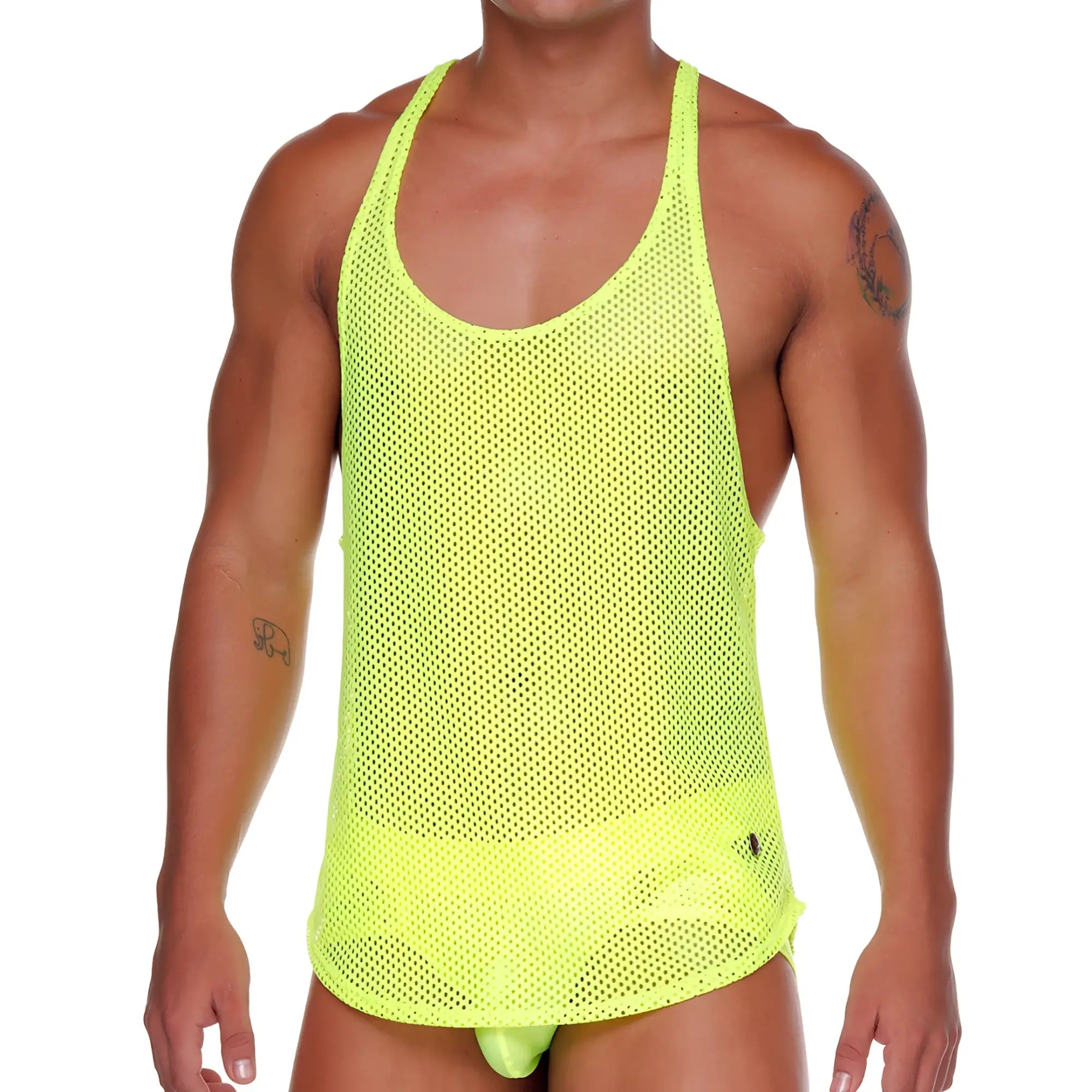A neon yellow gigo morocco tank top made of mesh with a scoop neckline and slightly flared hem