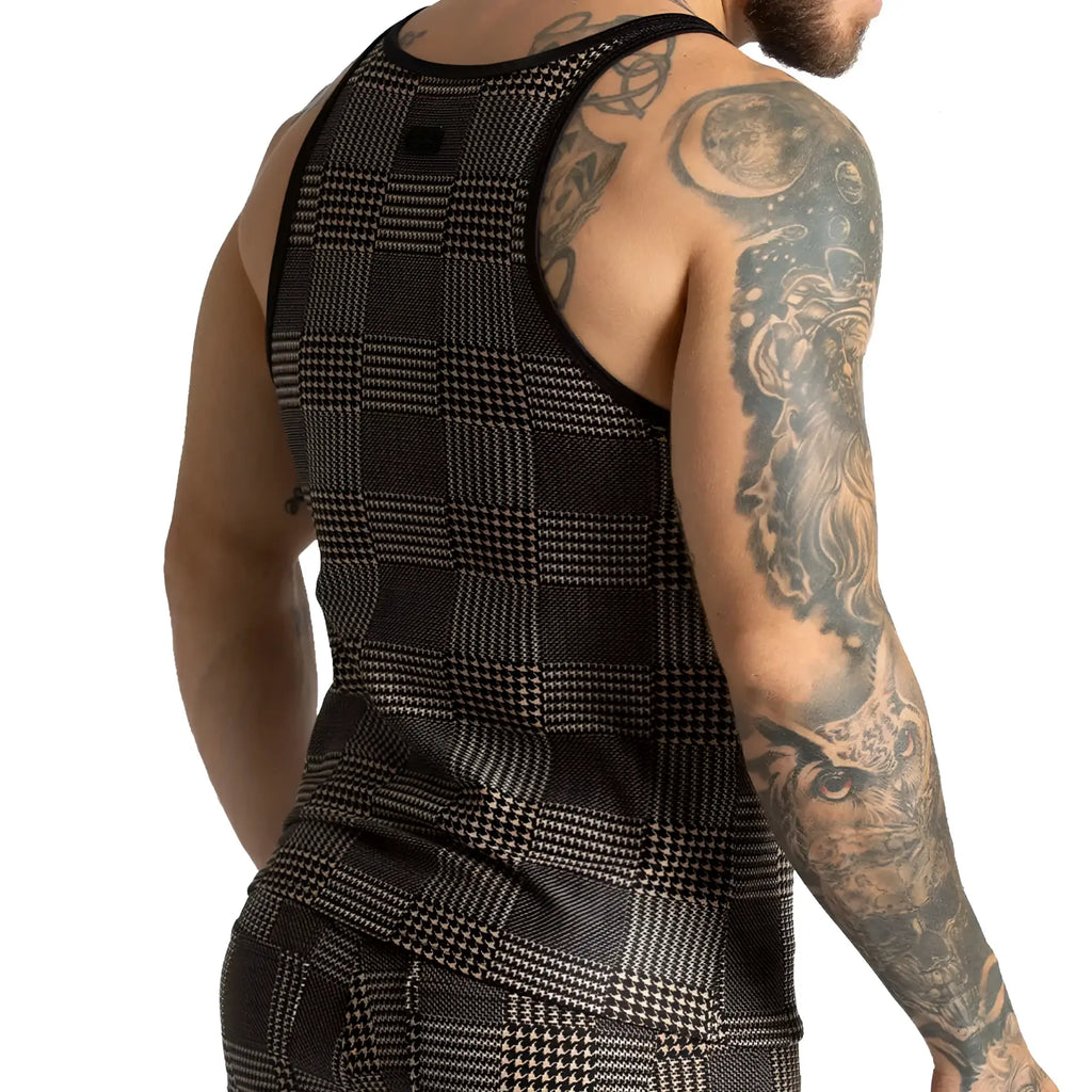 Gigo Mountain Brown Tank black and white houndstooth patterned tank top with black trim front view