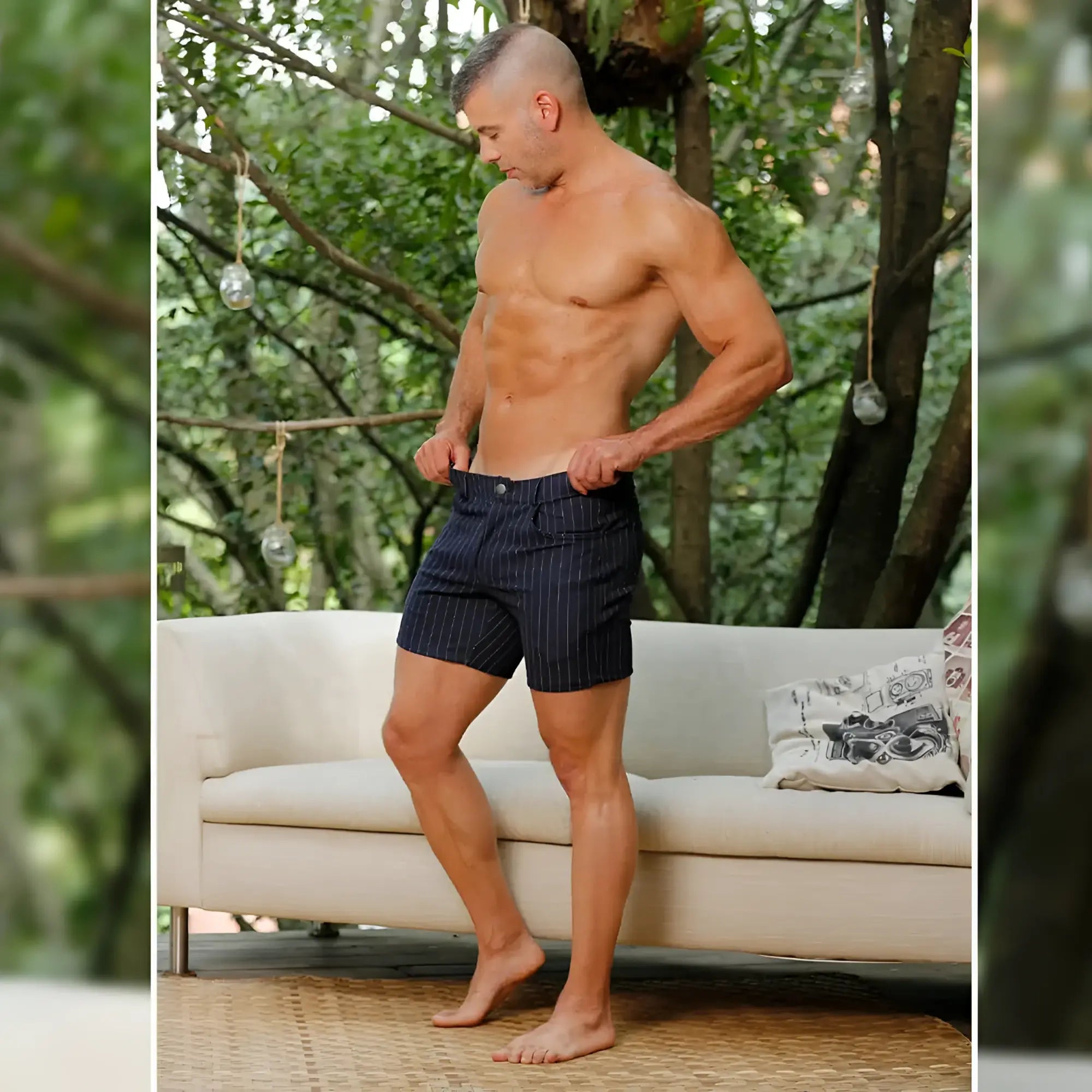 Navy blue pinstripe gigo mountain line shorts made from breathable fabric for outdoor and casual wear