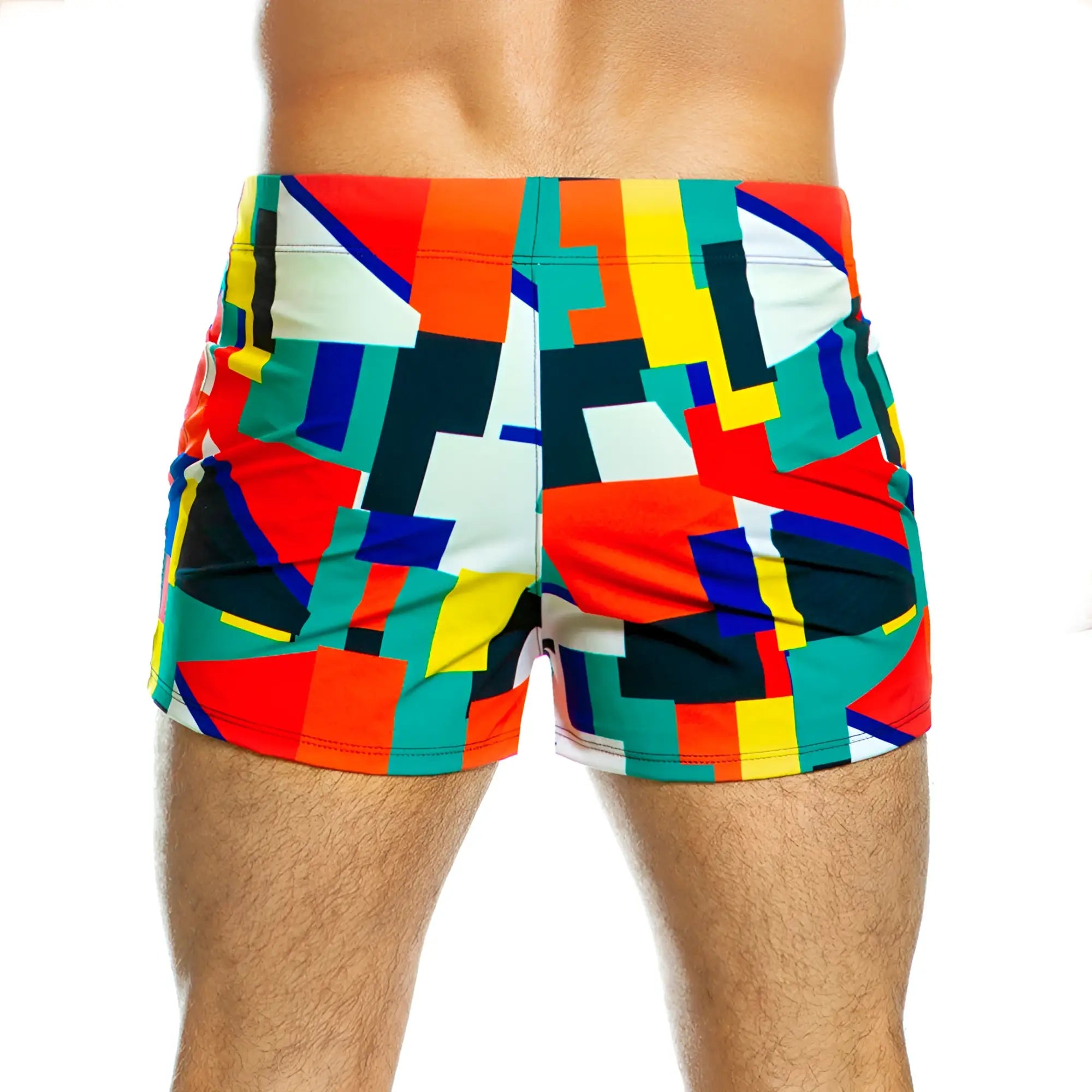 Vibrant gigo multicolor beachwear swim trunks with bold geometric patterns in red yellow green blue and black hues