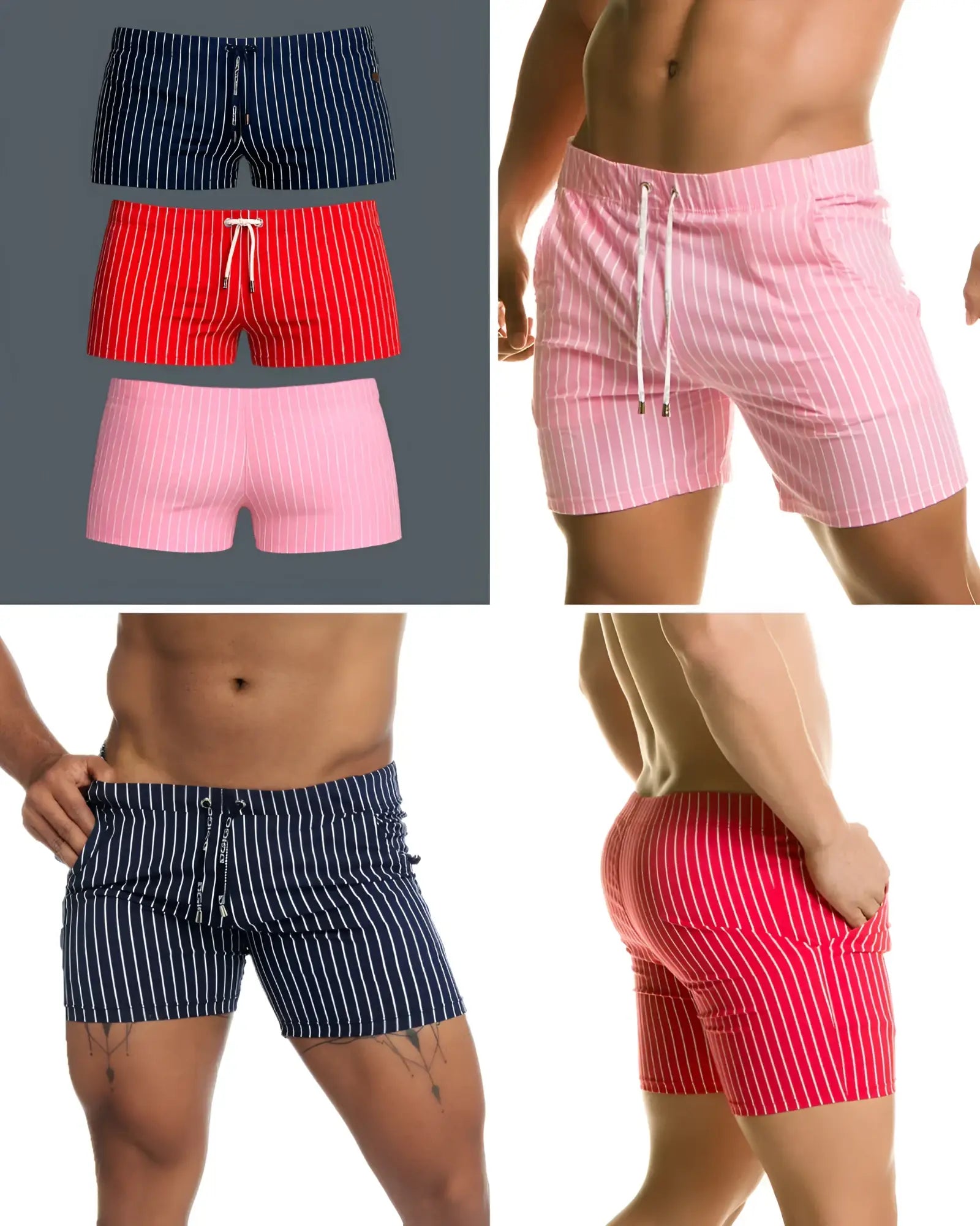 Three pairs of short, vertically striped swim trunks in navy, red, and pink with white drawstring waistbands.