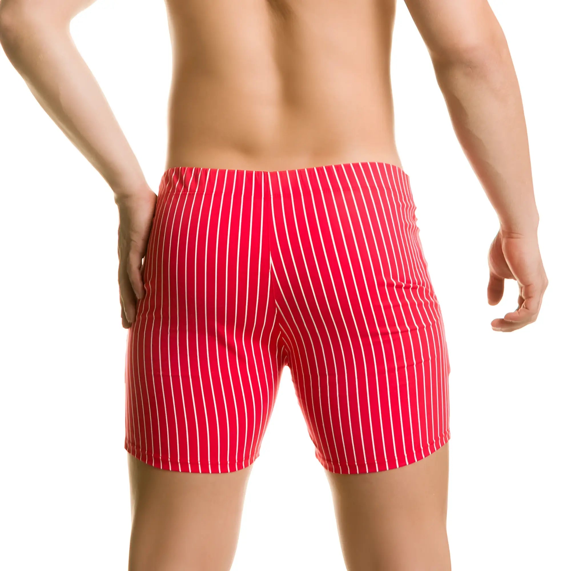 Gigo Naval red beachwear men’s swim trunks with red and white vertical stripes for beach and pool use
