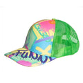 Vibrant gigo neon green caps trucker hat with neon green mesh back and colorful paint splatter design with bold purple lettering