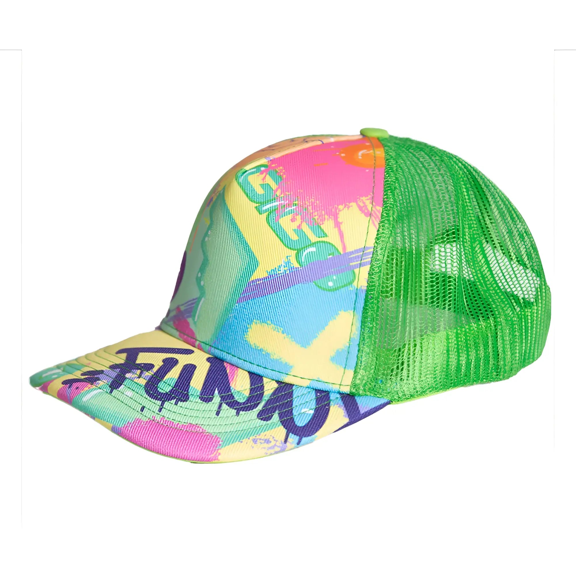Vibrant gigo neon green caps trucker hat with neon green mesh back and colorful paint splatter design with bold purple lettering