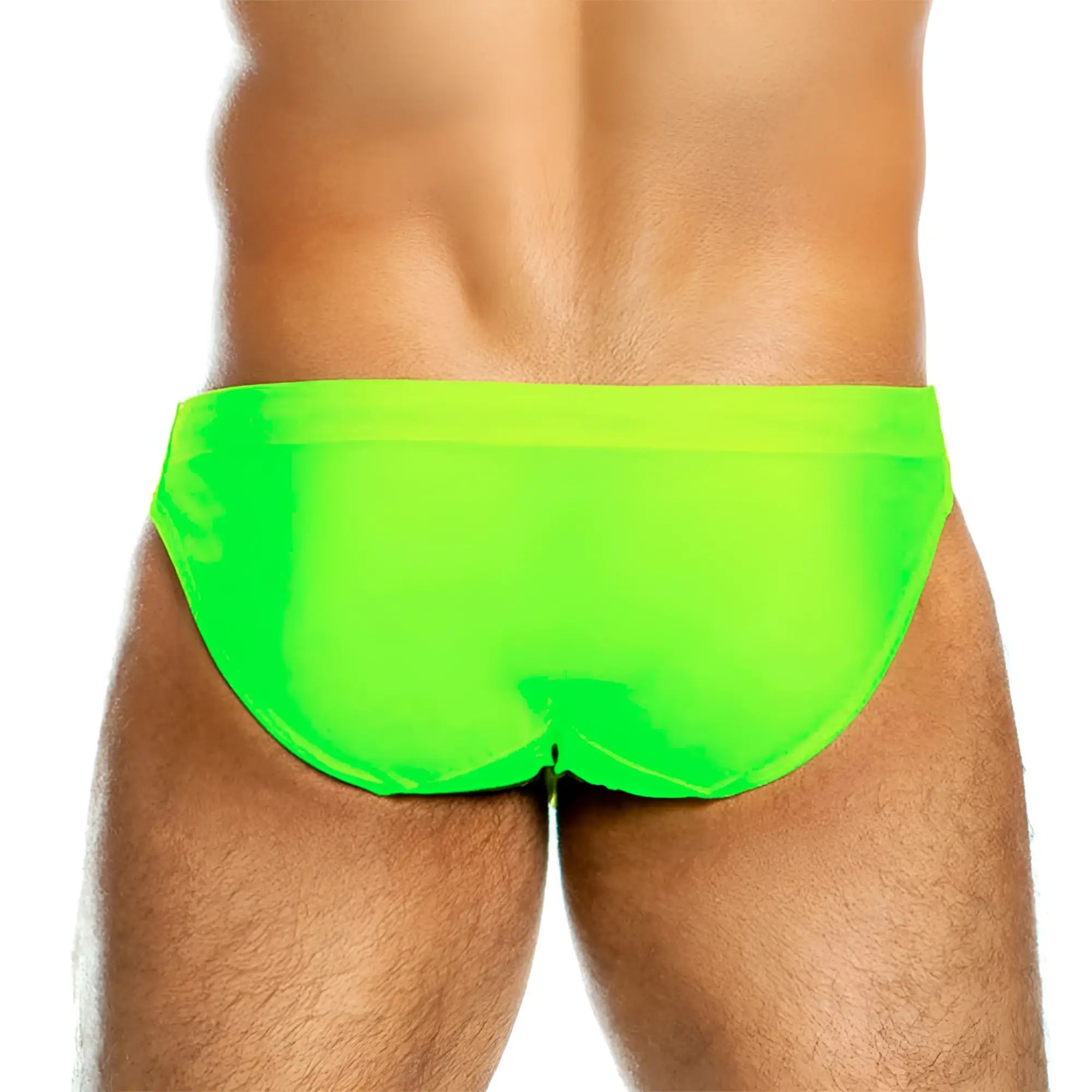 Gigo neon green swim brief in bright neon green with smooth glossy fabric perfect for swimming and beachwear