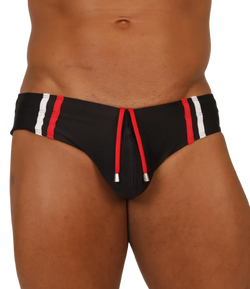 Gigo Nice black swimbrief with bold red and white vertical stripes and matching red drawstring at the front