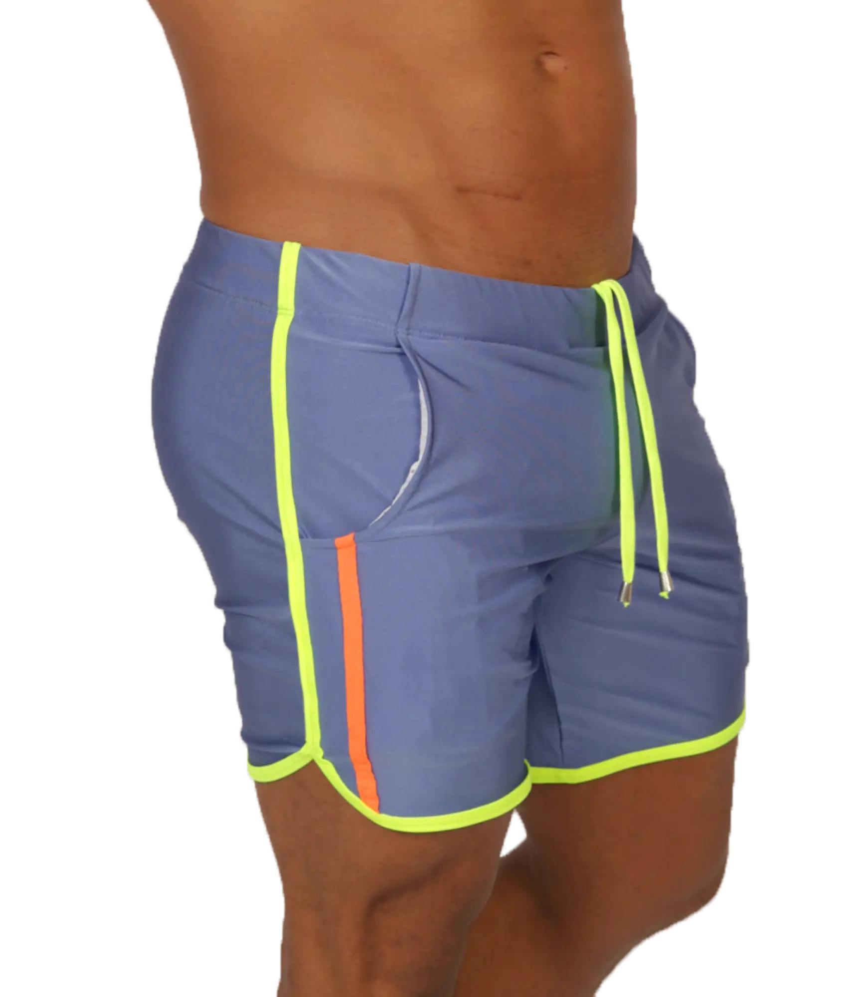 Gigo Nice blue beachwear athletic shorts with neon yellow and orange side stripes and a drawstring waistband