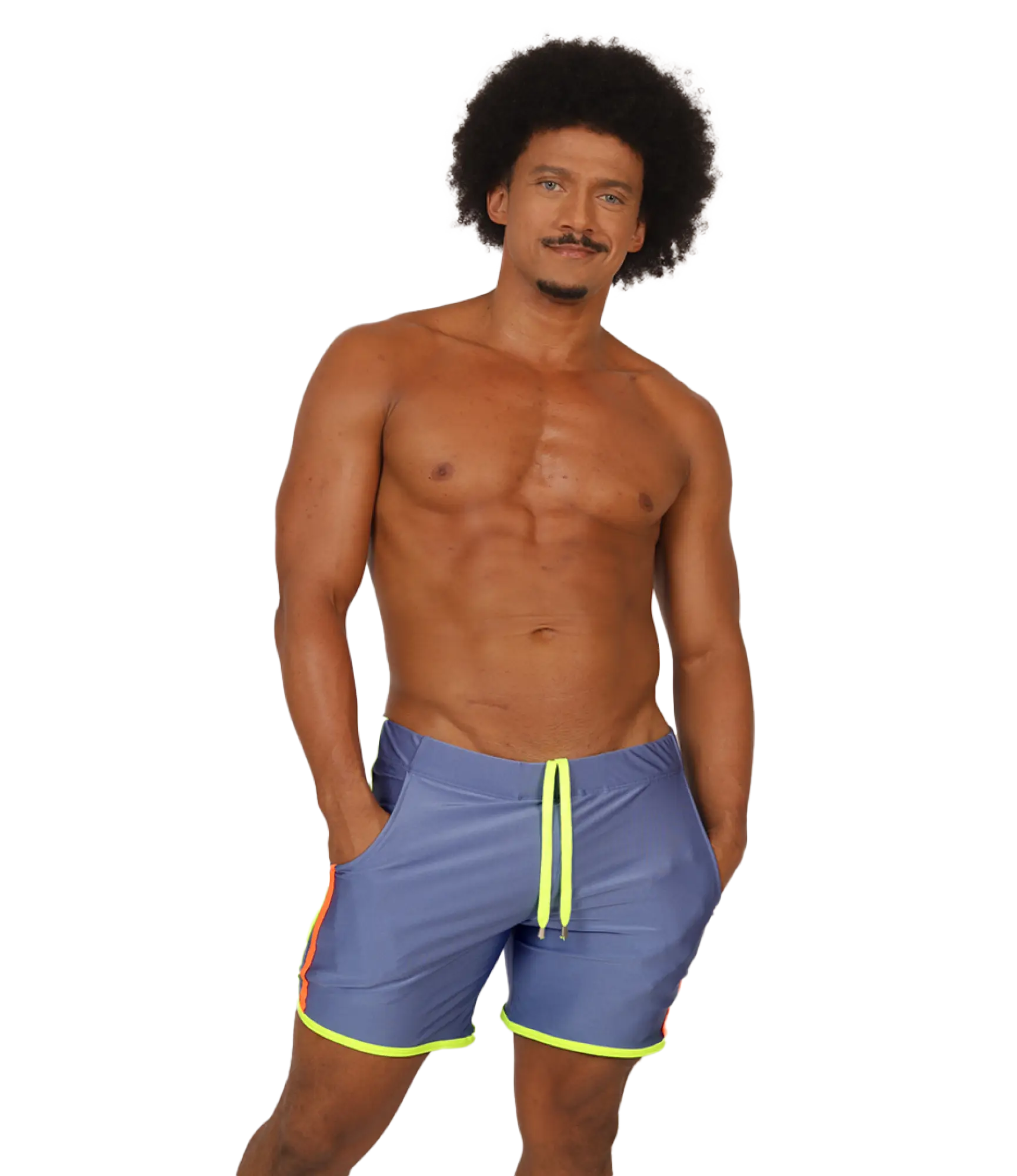 Gigo Nice blue swim trunks with neon yellow drawstring and trim for beachwear use
