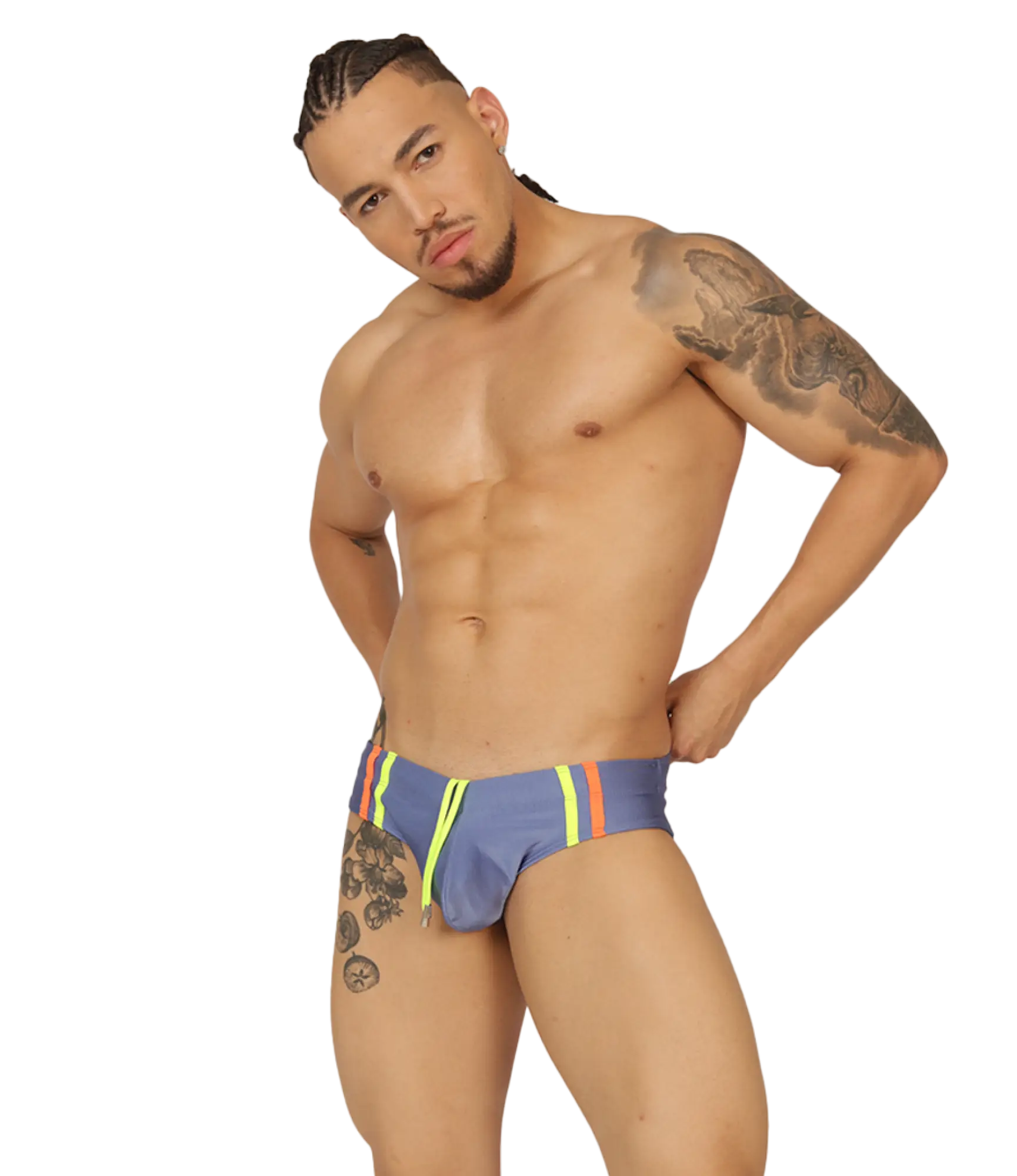 Gigo Nice Blue swimbrief with vibrant neon yellow and orange side stripes designed for beach and pool use