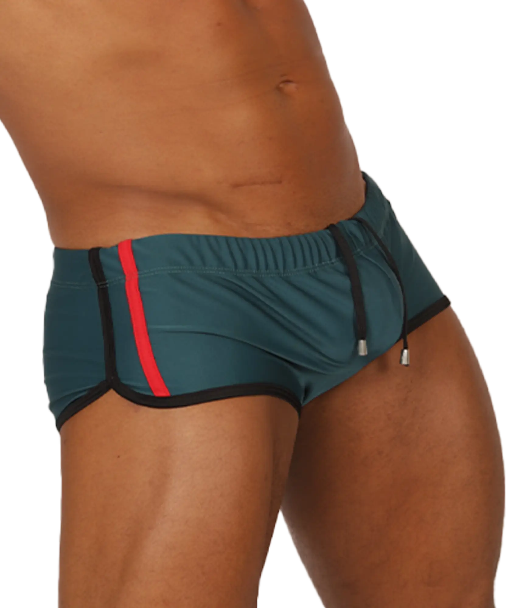 Gigo Nice Green swim trunk in teal with a bold red stripe and black trim designed for athletic use