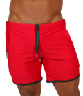 Red athletic shorts with black trim and drawstring waistband from Gigo Nice red beachwear collection for casual wear