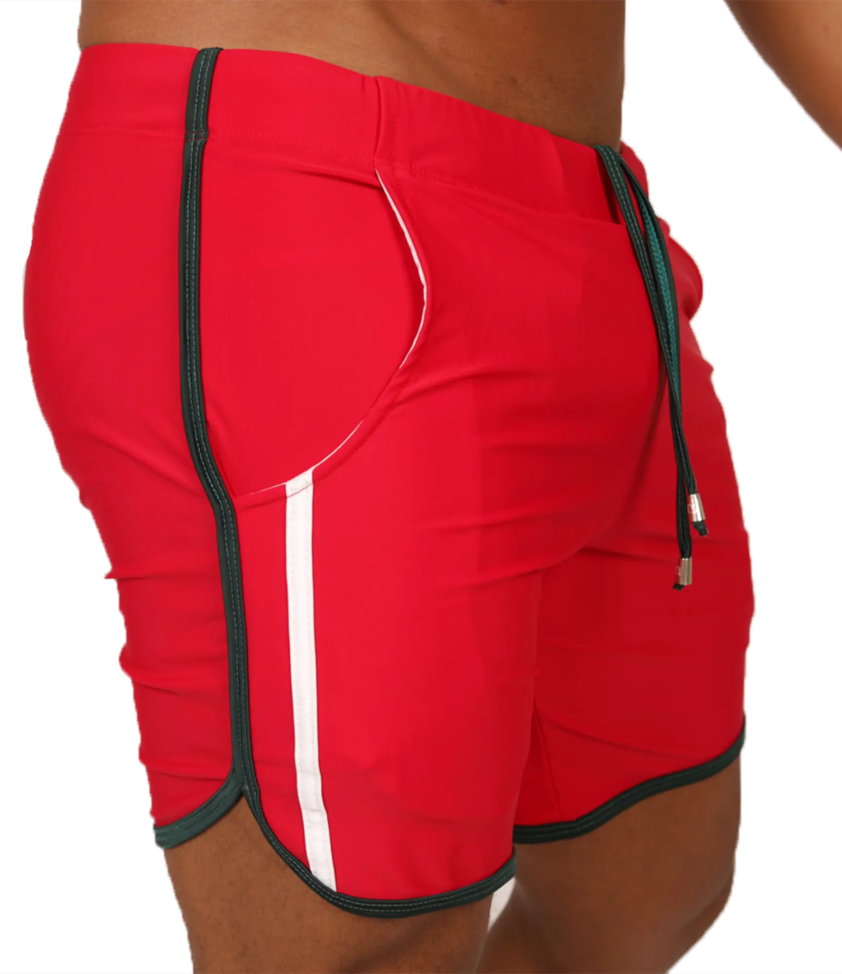 Red athletic shorts with white and black trim and drawstring waistband from gigo nice red beachwear collection