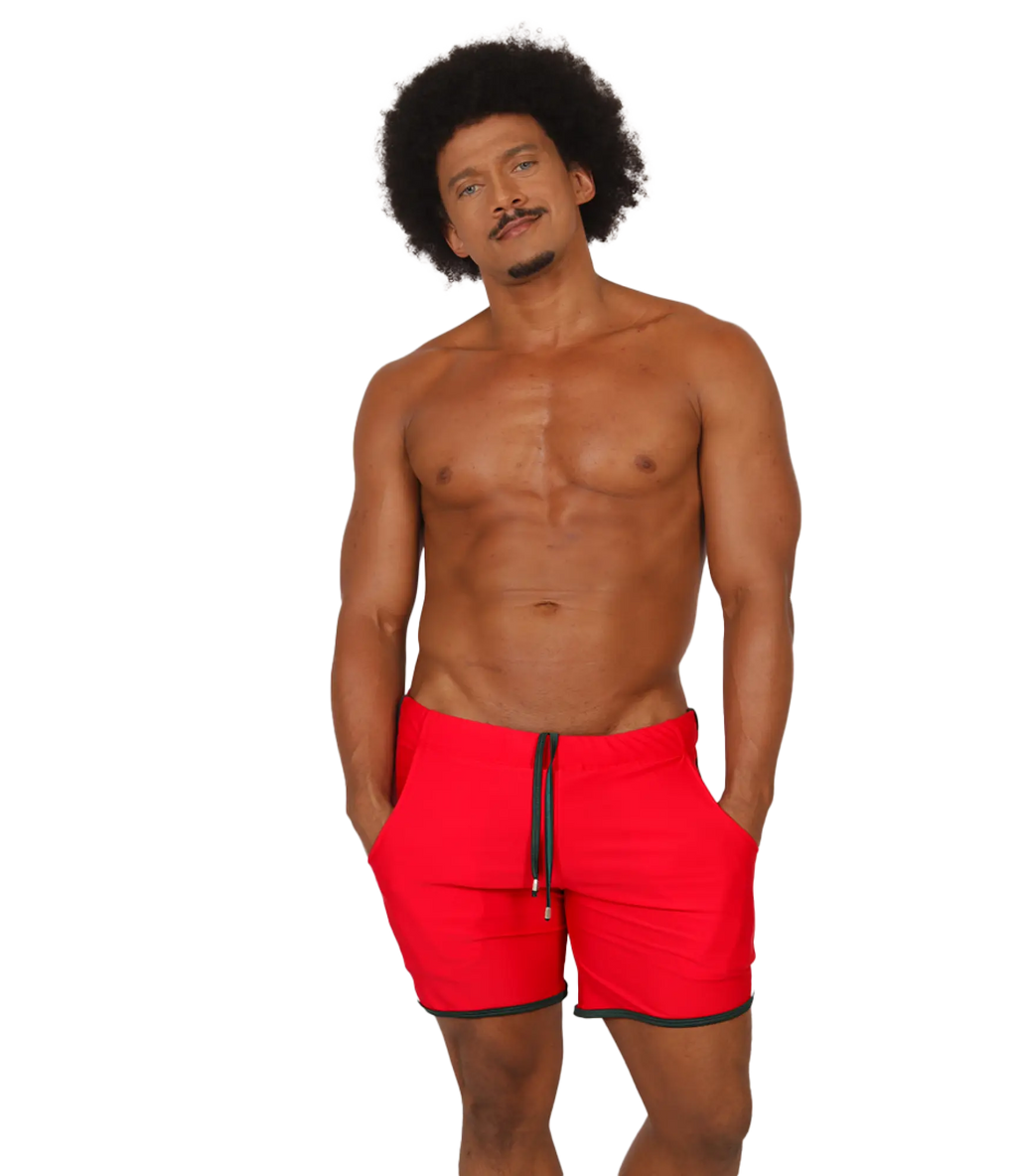 Bright red gigo nice red beachwear swim trunks with black trim and matching drawstring for beach use