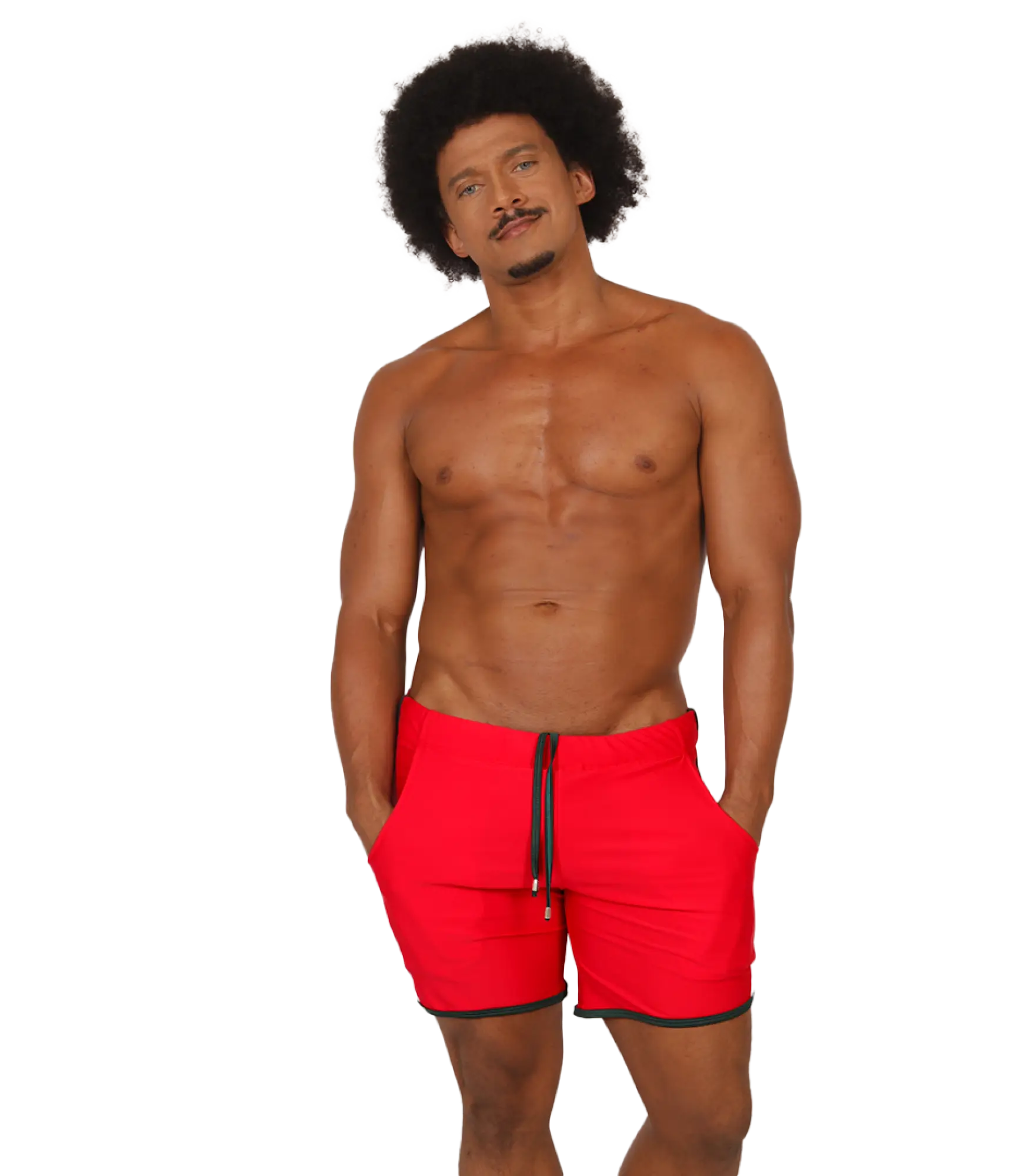 Bright red gigo nice red beachwear swim trunks with black trim and matching drawstring for beach use