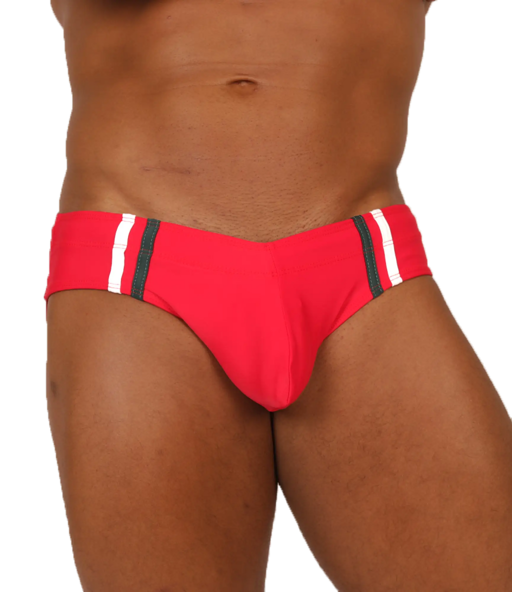 Vibrant red gigo nice red swimbrief with bold white and black striped side panels perfect for swimming