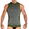 A men’s sleeveless athletic top gigo nirvana green hoody tshirt with gray heathered fabric olive green mesh panels and cowl neck