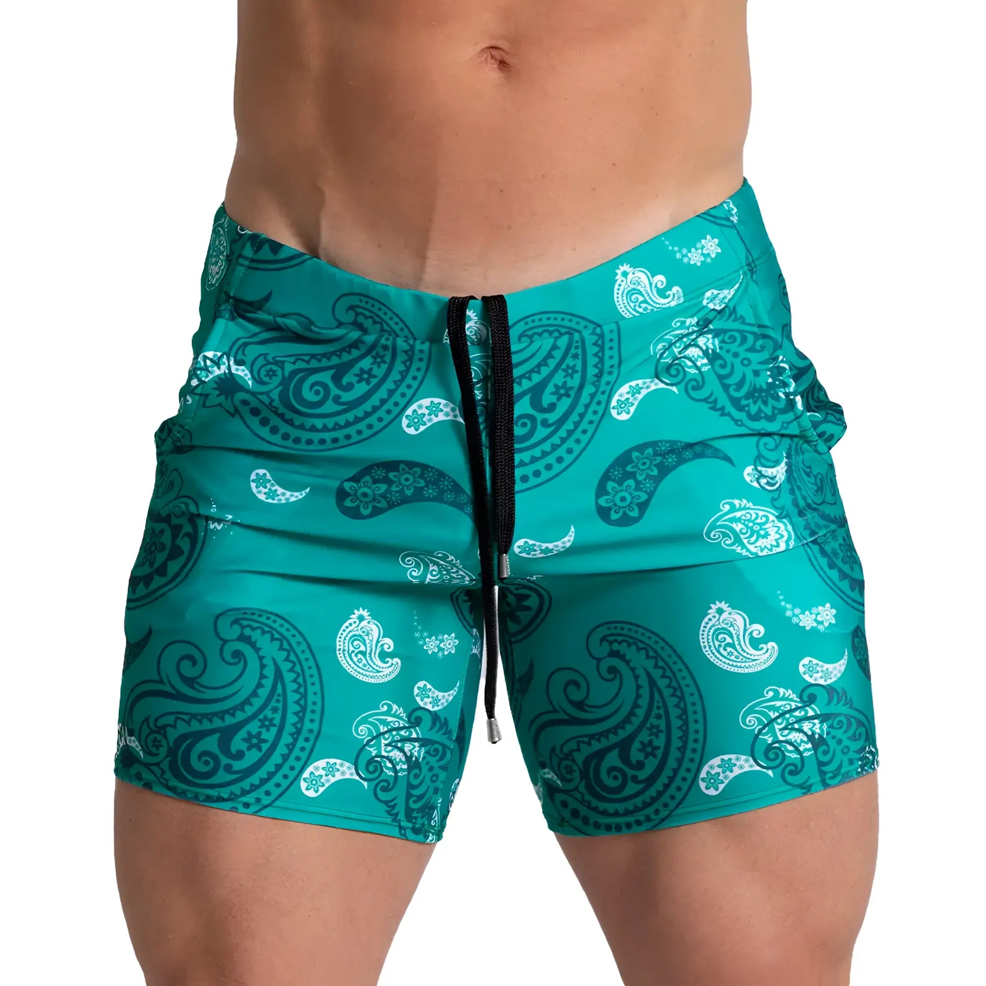 Teal and white paisley patterned swim trunks with black drawstring from Gigo Paradise Beachwear for beach use