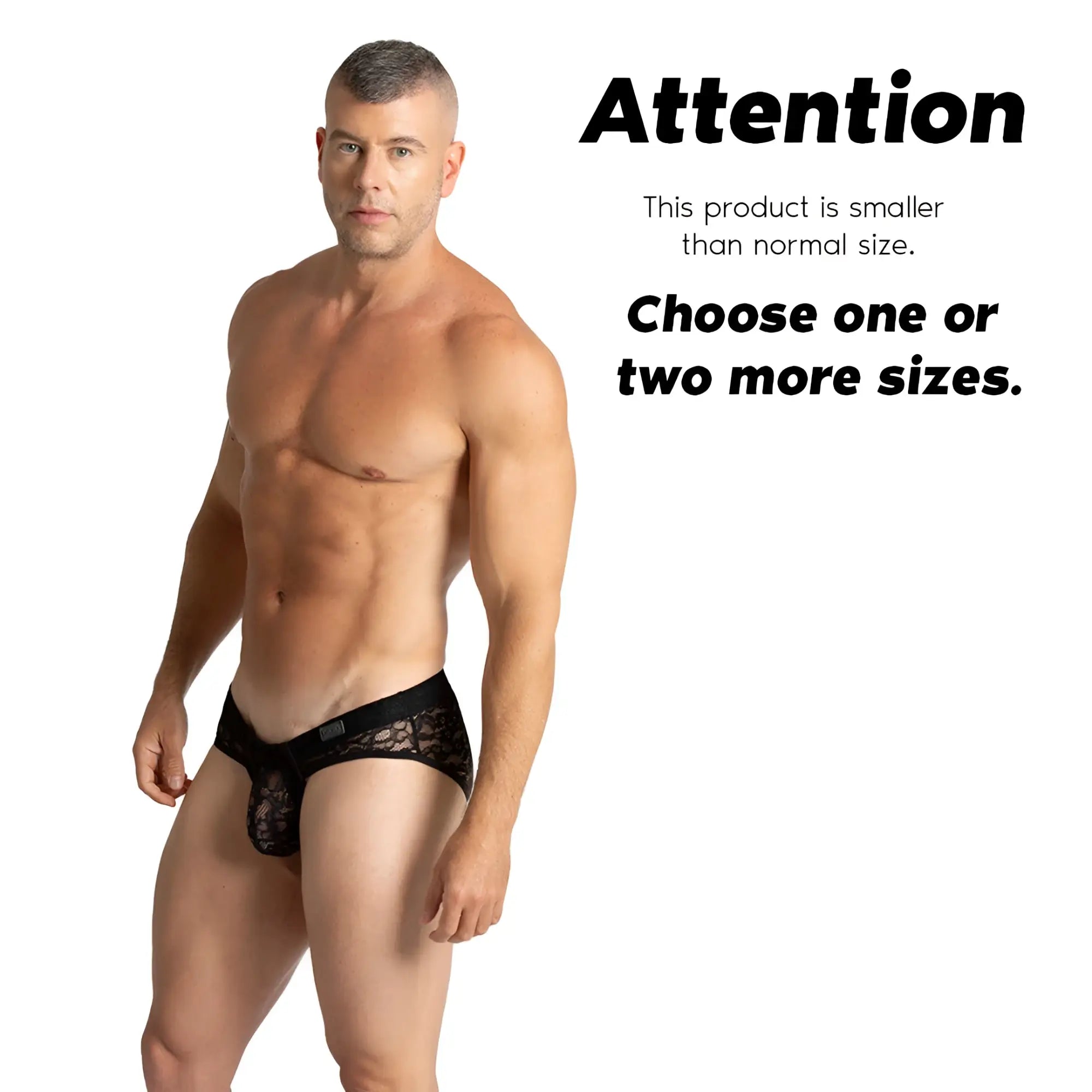 Gigo Paradise black brief men’s underwear in sheer black lace with patterned design and small brand tag on waistband