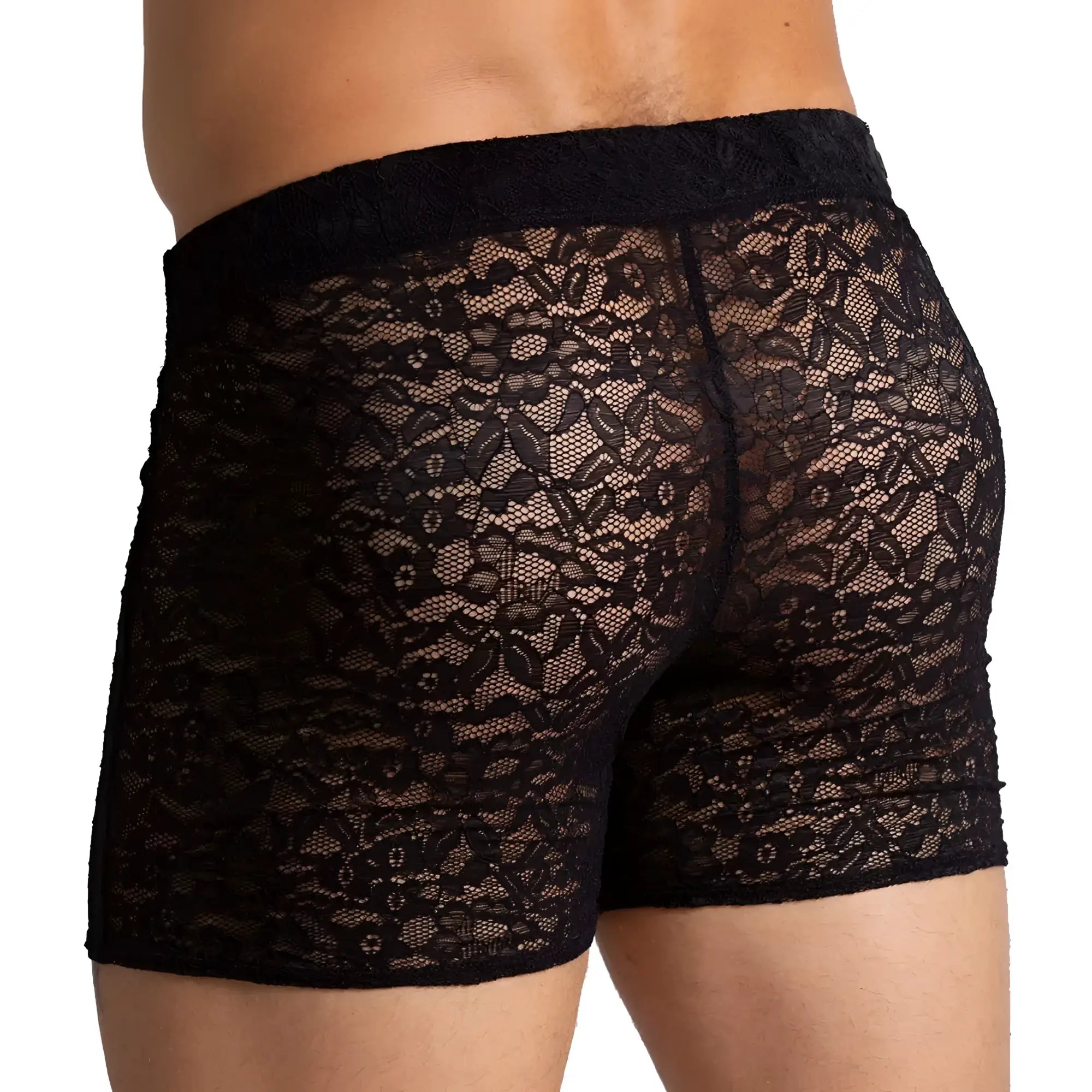 Gigo Paradise black hotshort lace boxer briefs with intricate floral pattern in sheer black lace fabric