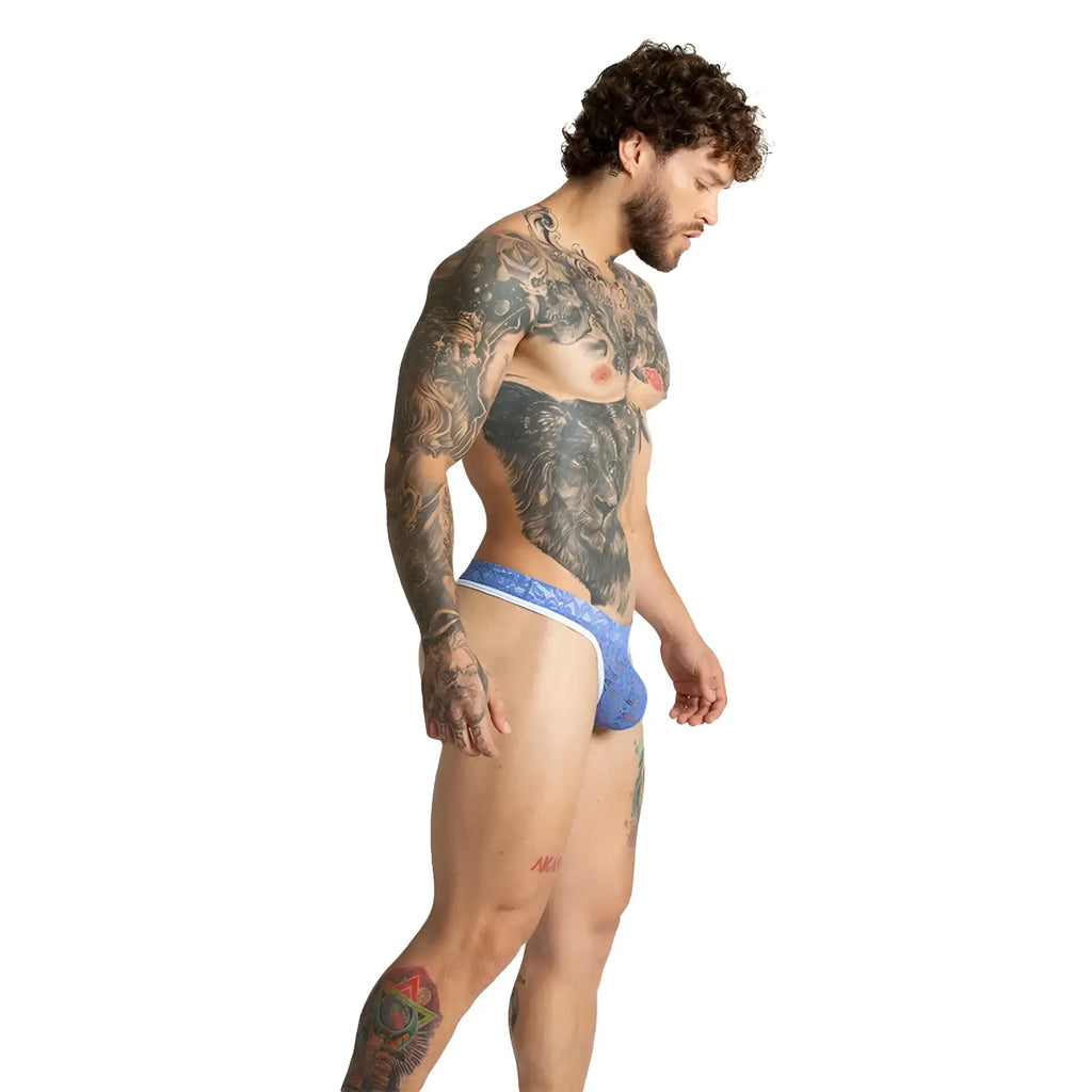 Blue lace-trimmed gigo paradise blue gstring men’s briefs featuring delicate lace and a comfortable fit