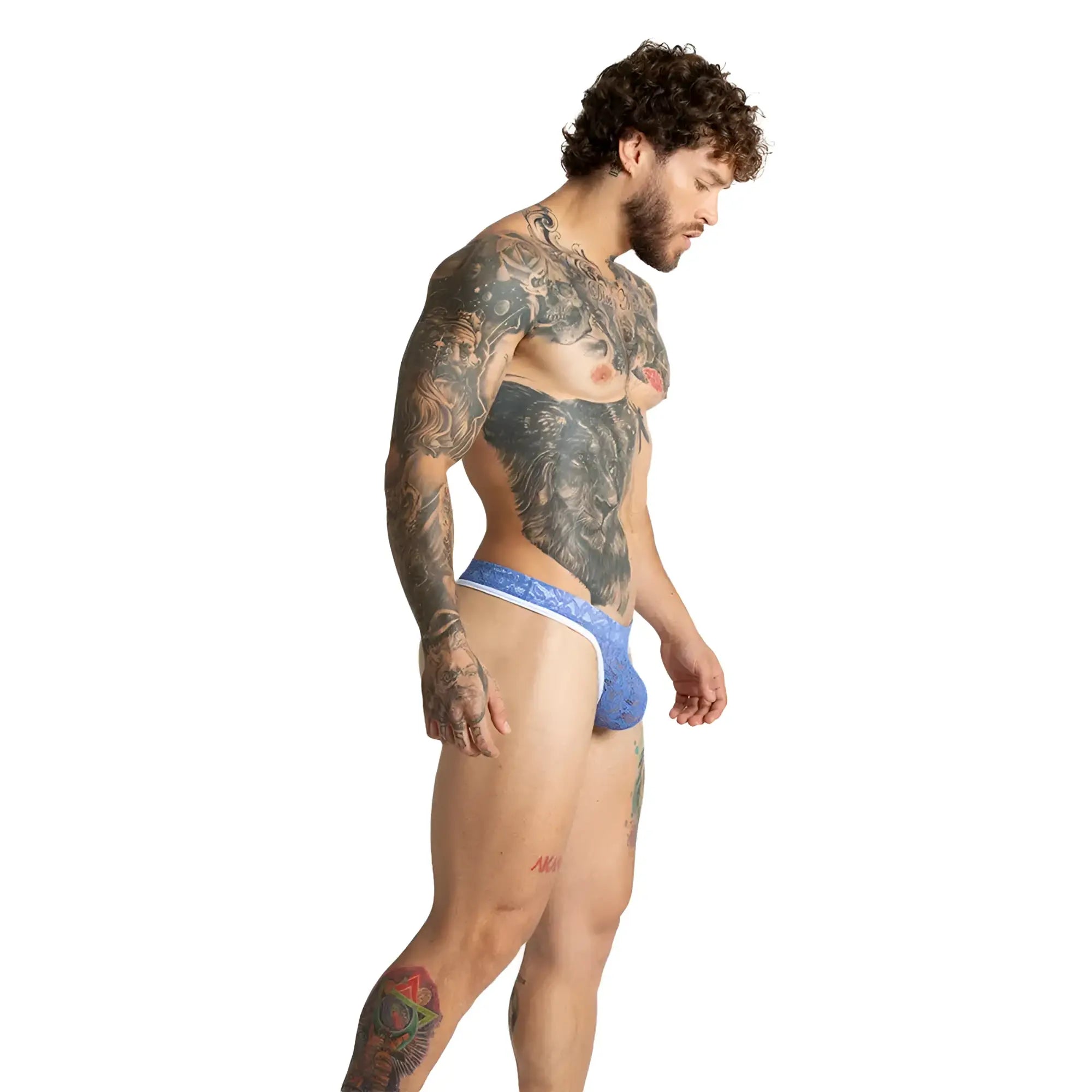 Blue lace-trimmed gigo paradise blue gstring men’s briefs featuring delicate lace and a comfortable fit