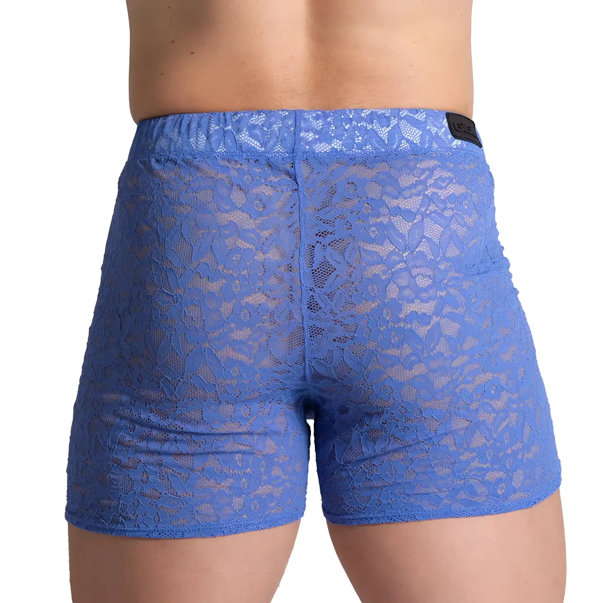 Gigo paradise blue hotshort blue lace men’s shorts with a floral pattern and elastic waistband front view