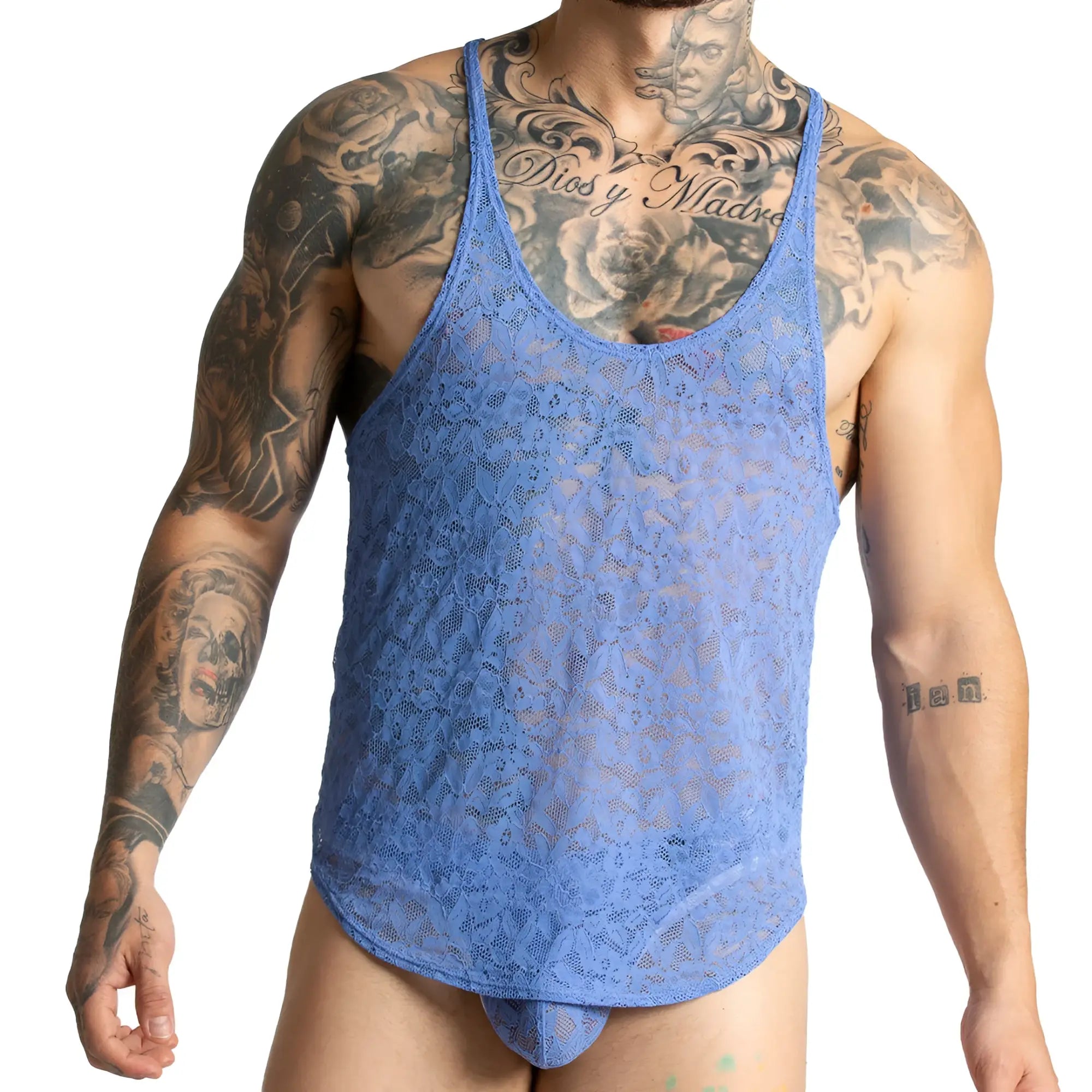 Gigo paradise blue tank blue lace men’s tank top with sheer intricate floral pattern and low cut neckline