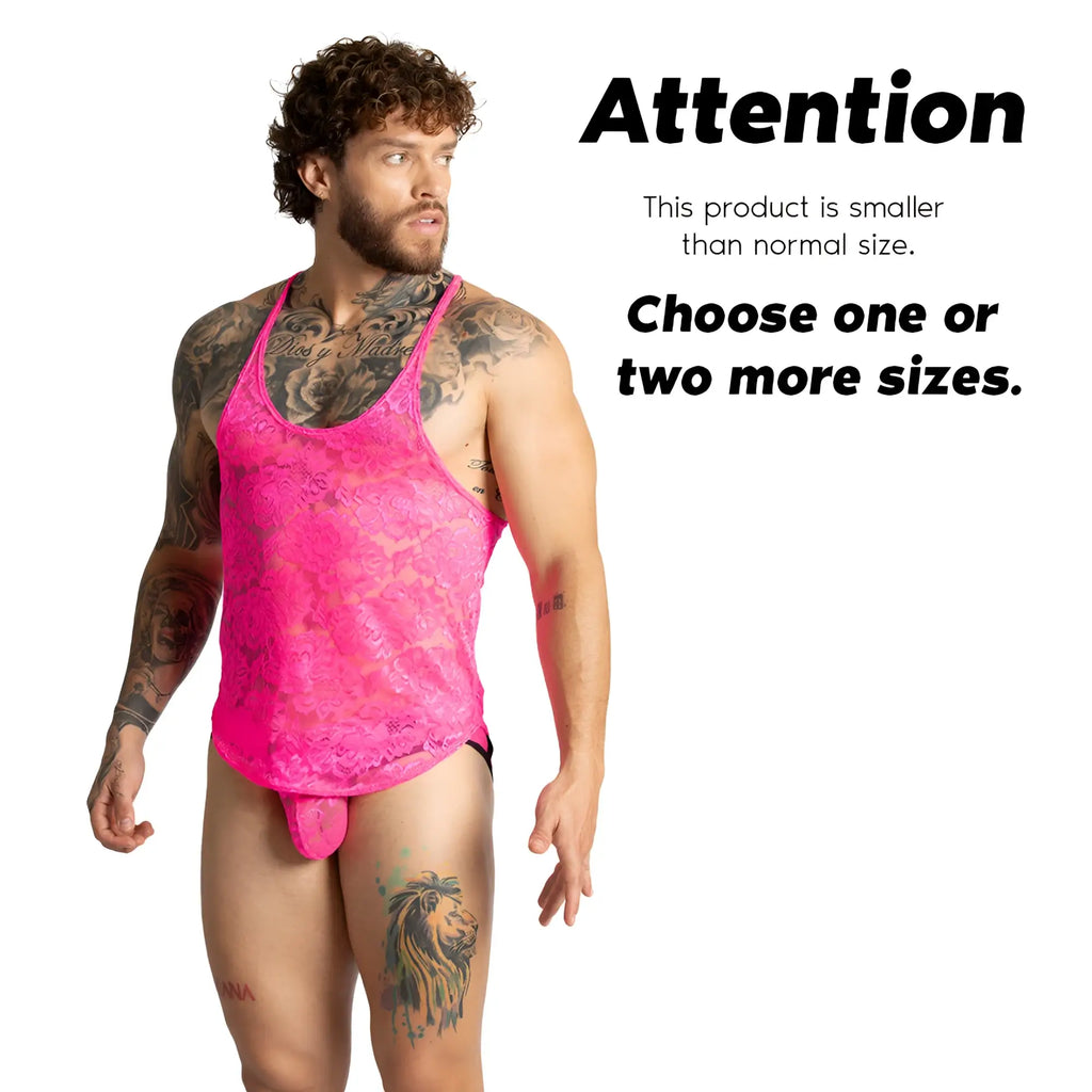 Vibrant pink lace men’s underwear with matching thong and racerback design in gigo paradise fucshia tank style back view