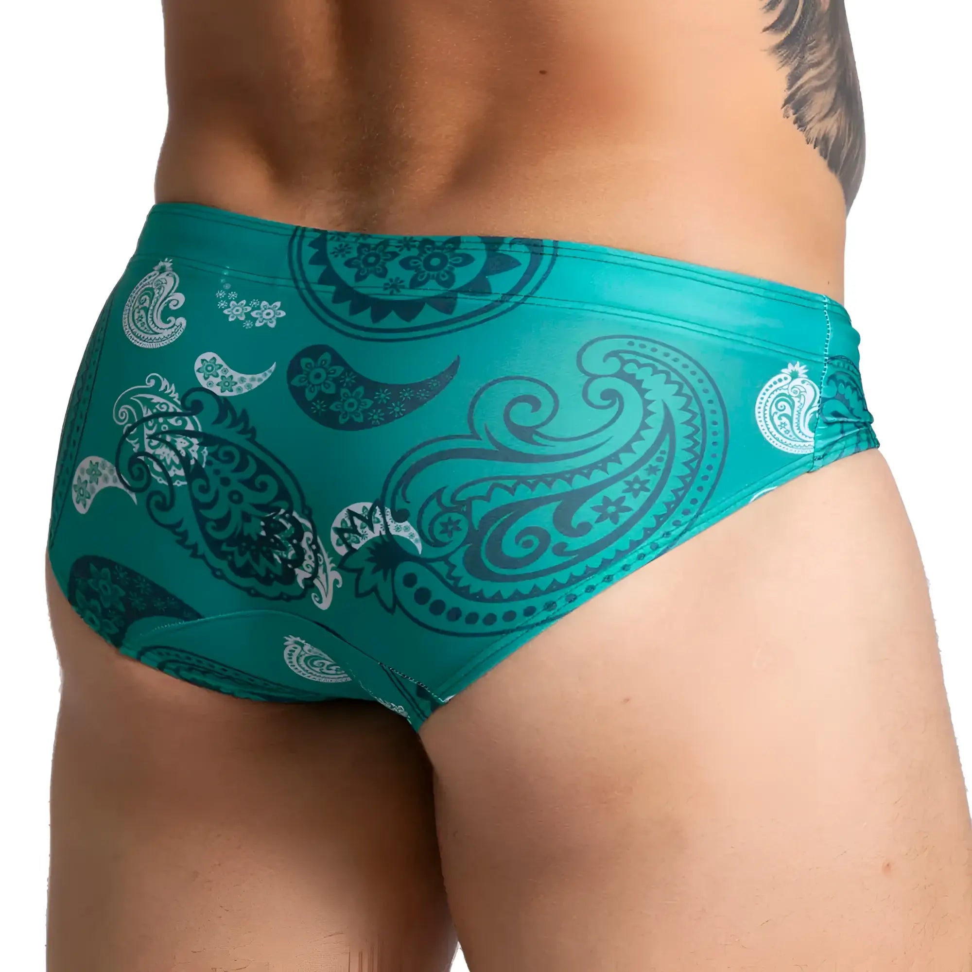 Teal Gigo Paradise swim brief with bold dark teal and white paisley pattern designed for comfortable swimming
