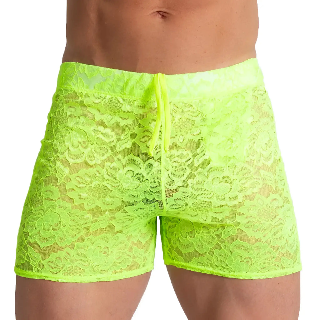 Gigo Paradise yellow hotshort neon green floral lace men’s shorts with drawstring waistband for casual wear