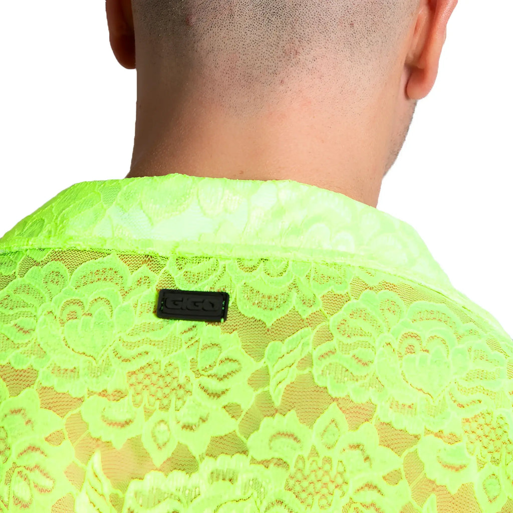 A vibrant neon green lace shirt with an intricate floral pattern and black brand tag at the collar from Gigo Paradise