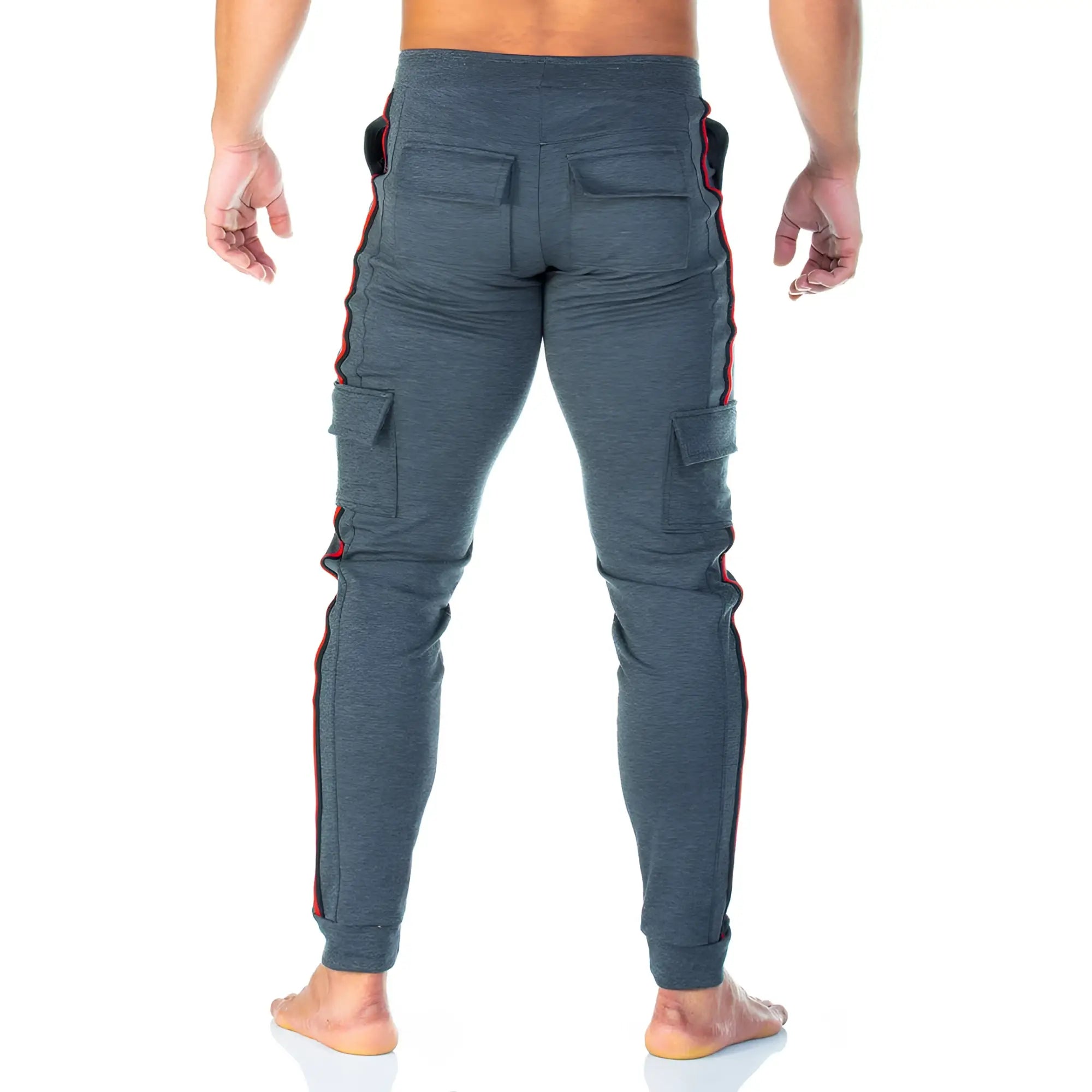 Dark gray heathered Gigo Party sportpants with red and black side stripes and cargo pockets for casual wear