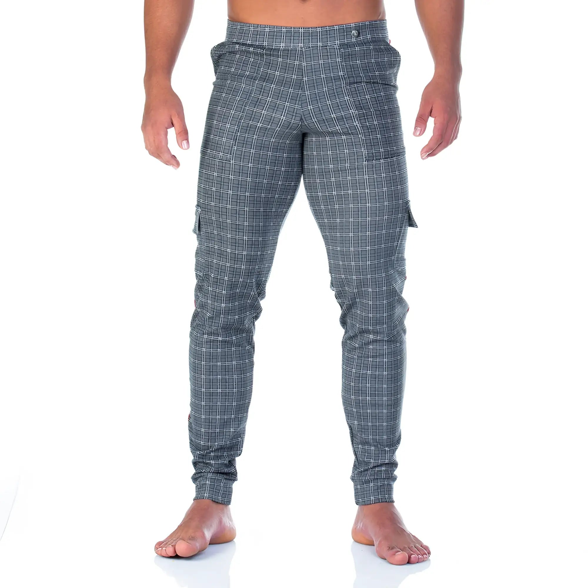 Gray and white plaid slim fit cargo pants made from soft fabric for casual and sport use gigo party square sportpants