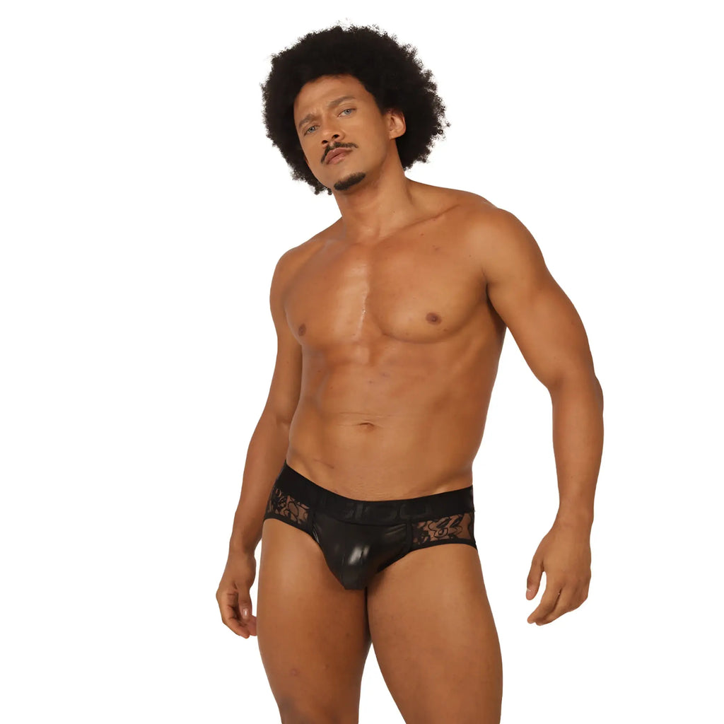 Gigo Passione black jock thong men’s briefs with black lace trim and glossy sheer front panel for a bold look