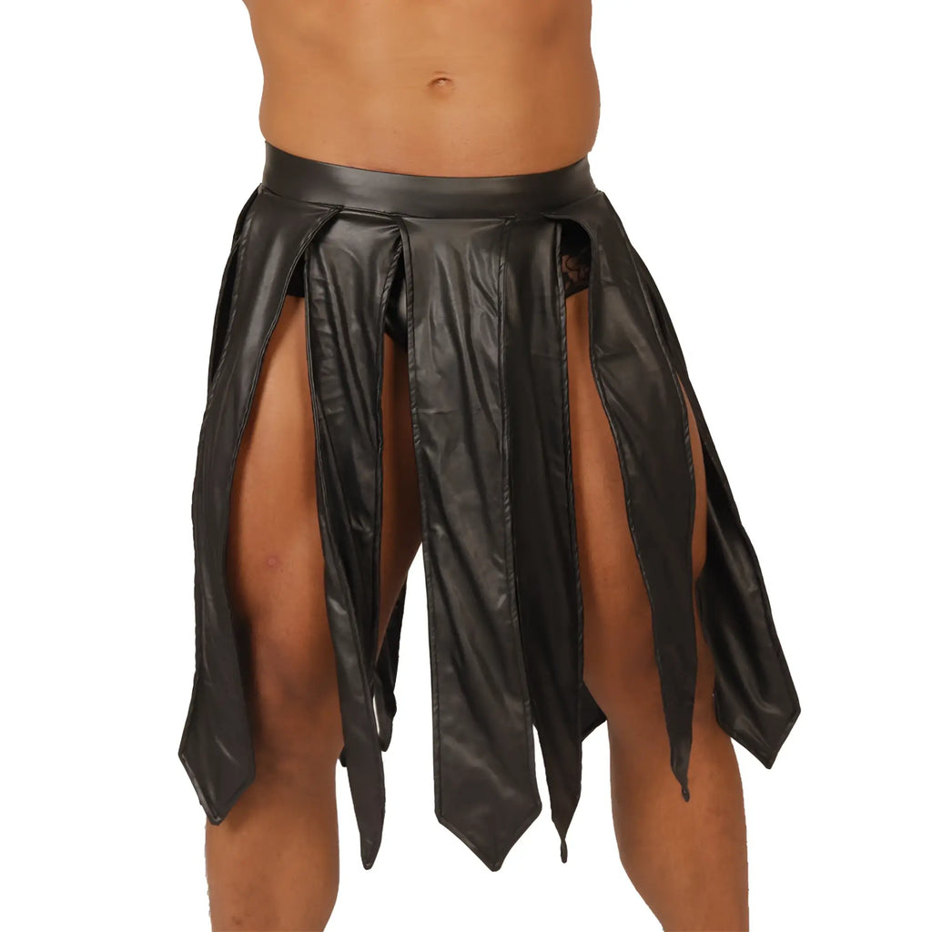 Gigo Passione black skirt faux leather tribal-style high-waisted pleated shorts with side slits