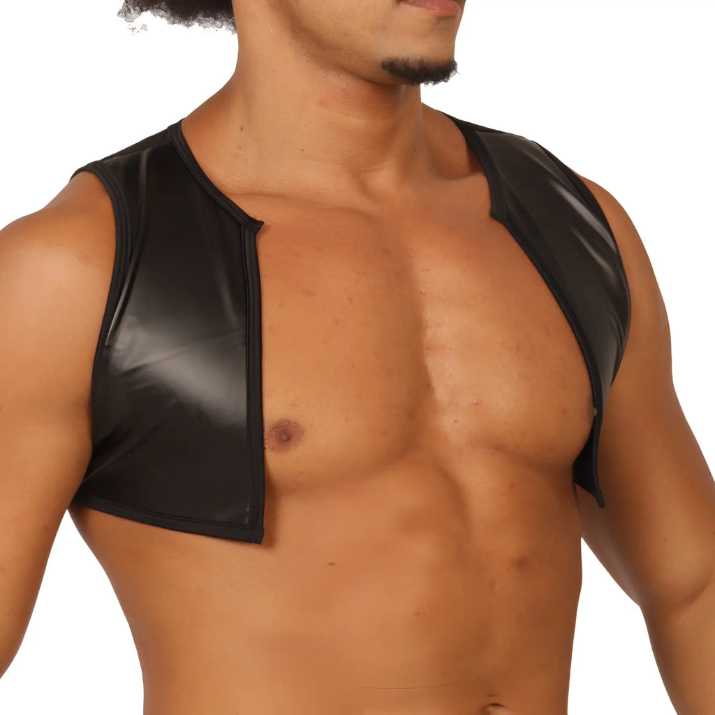 Black shiny latex shoulder cape featured on the back side of the gigo passione black vest harness