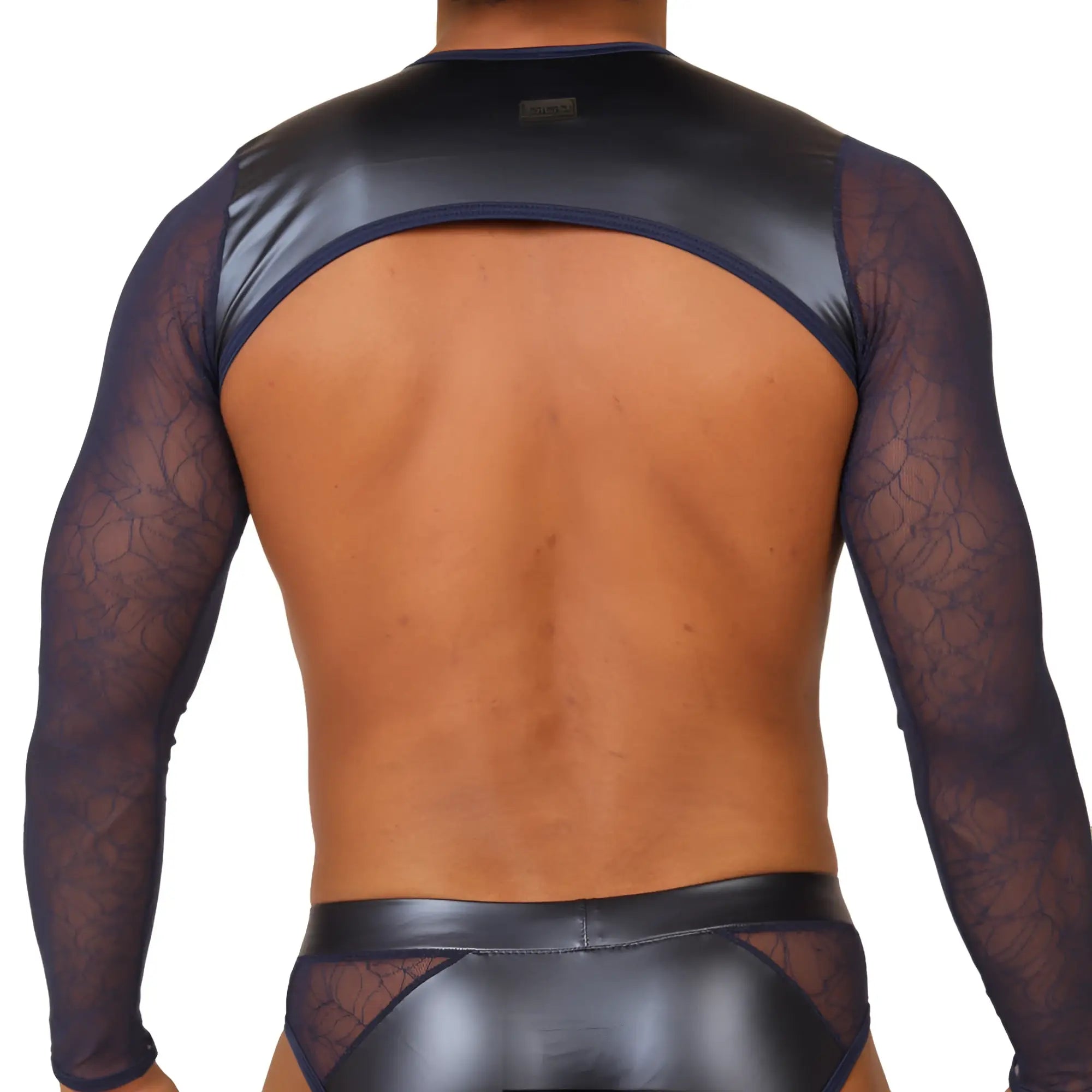 Black patent leather and sheer lace long-sleeved backless top from gigo passione blue harness collection showing the back side